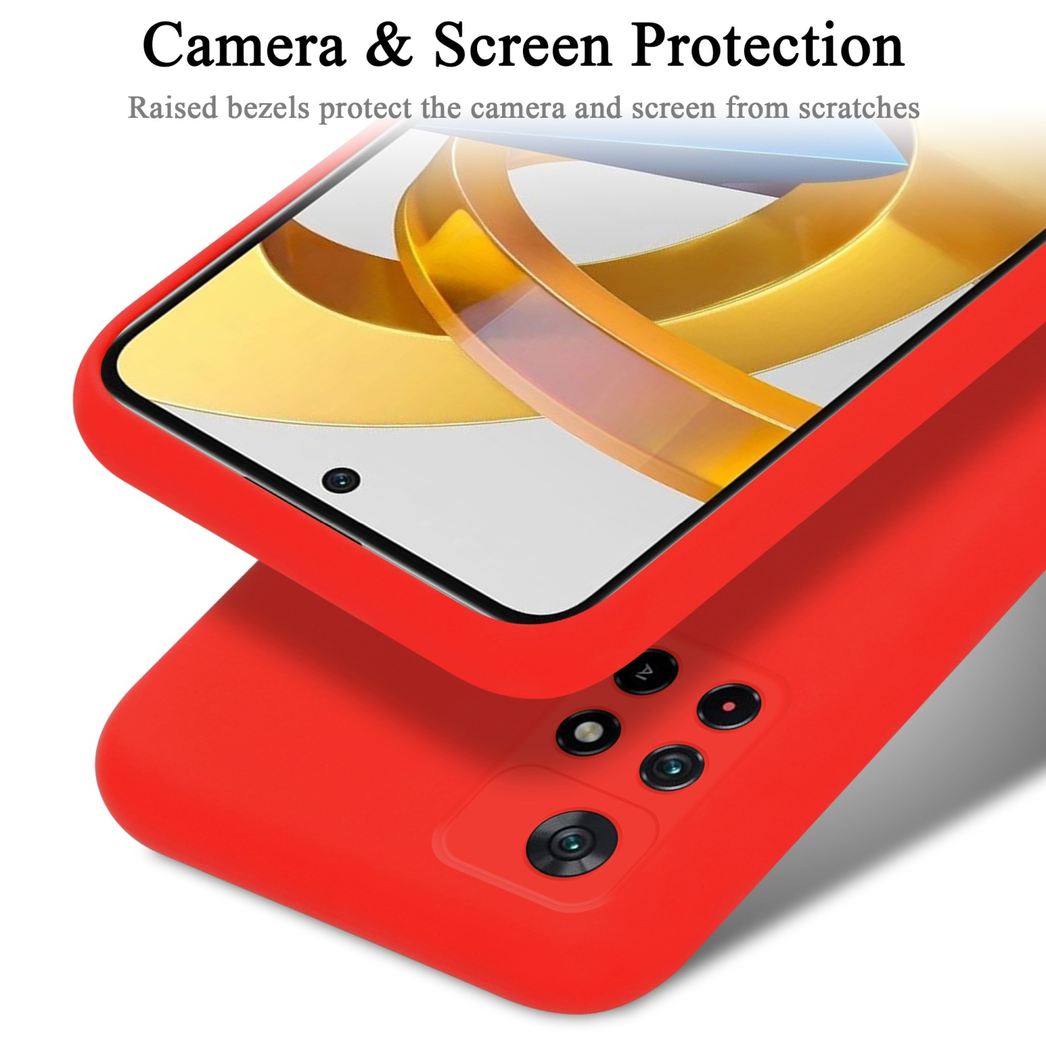 Custodia rossa per telefono con un telefono all'interno. Il telefono ha una protezione per lo schermo.