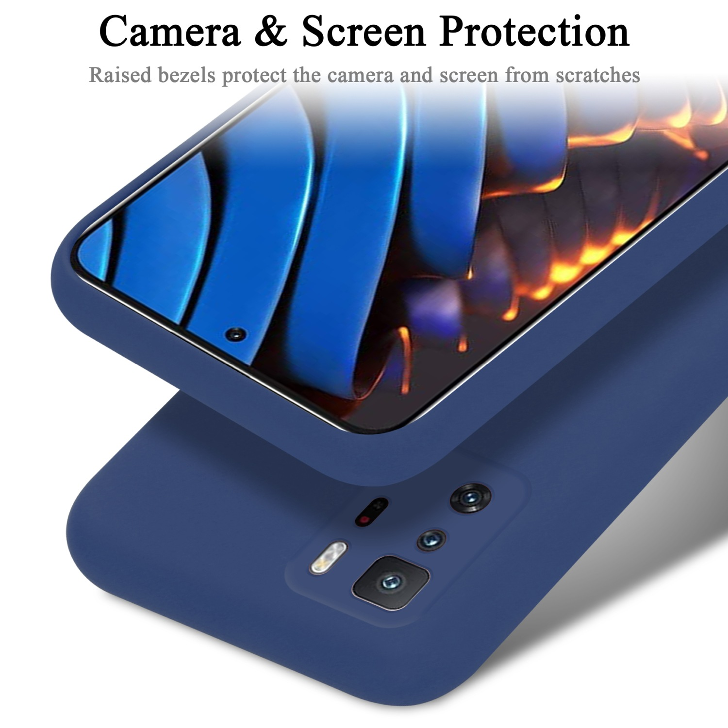 Blaue Handyhülle, Telefon innen. Text: Kamera- & Bildschirmschutz. Erhöhte Blenden schützen Kamera und Bildschirm.