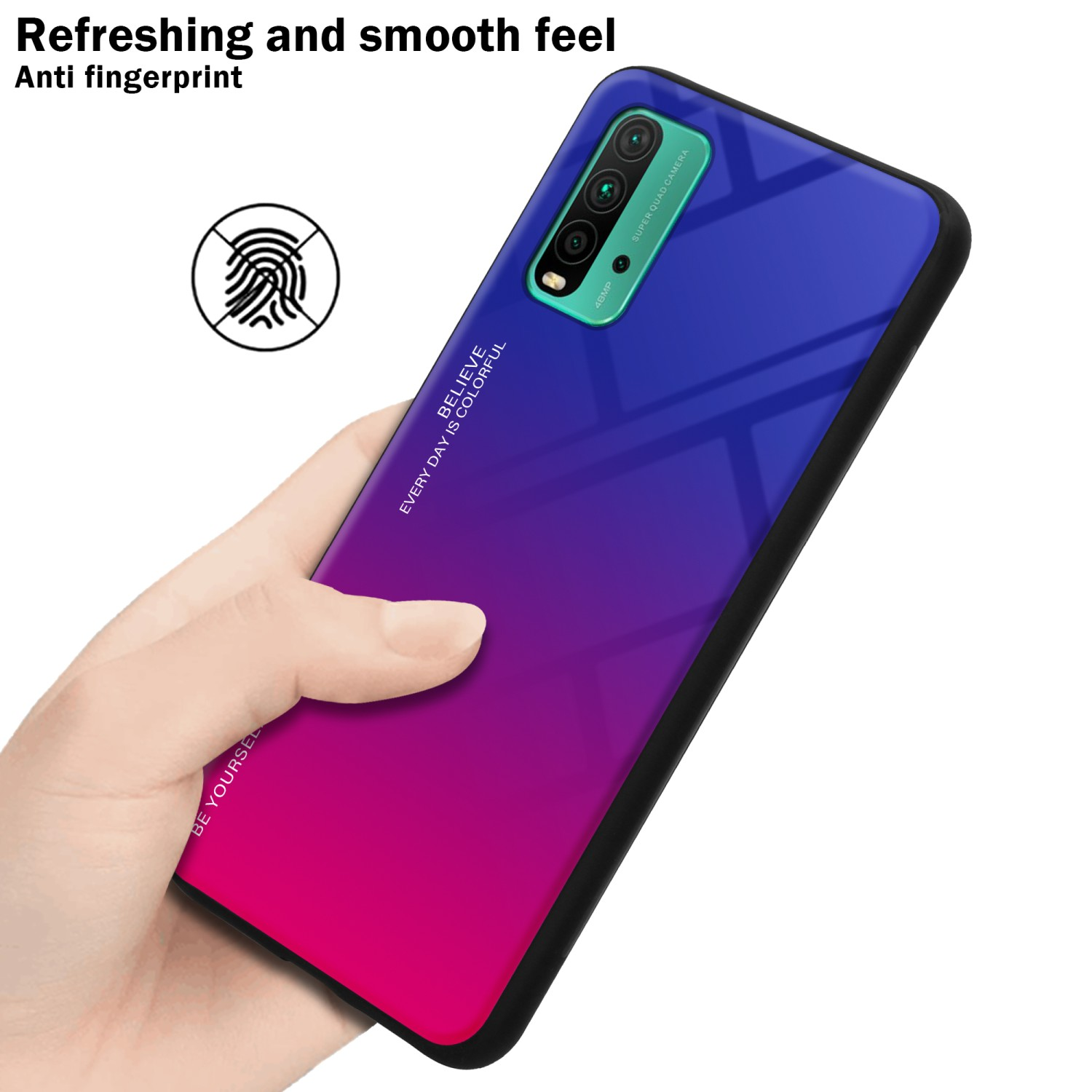 Custodia per telefono, gradiente blu e rosso, mano che tiene, anti-impronta.