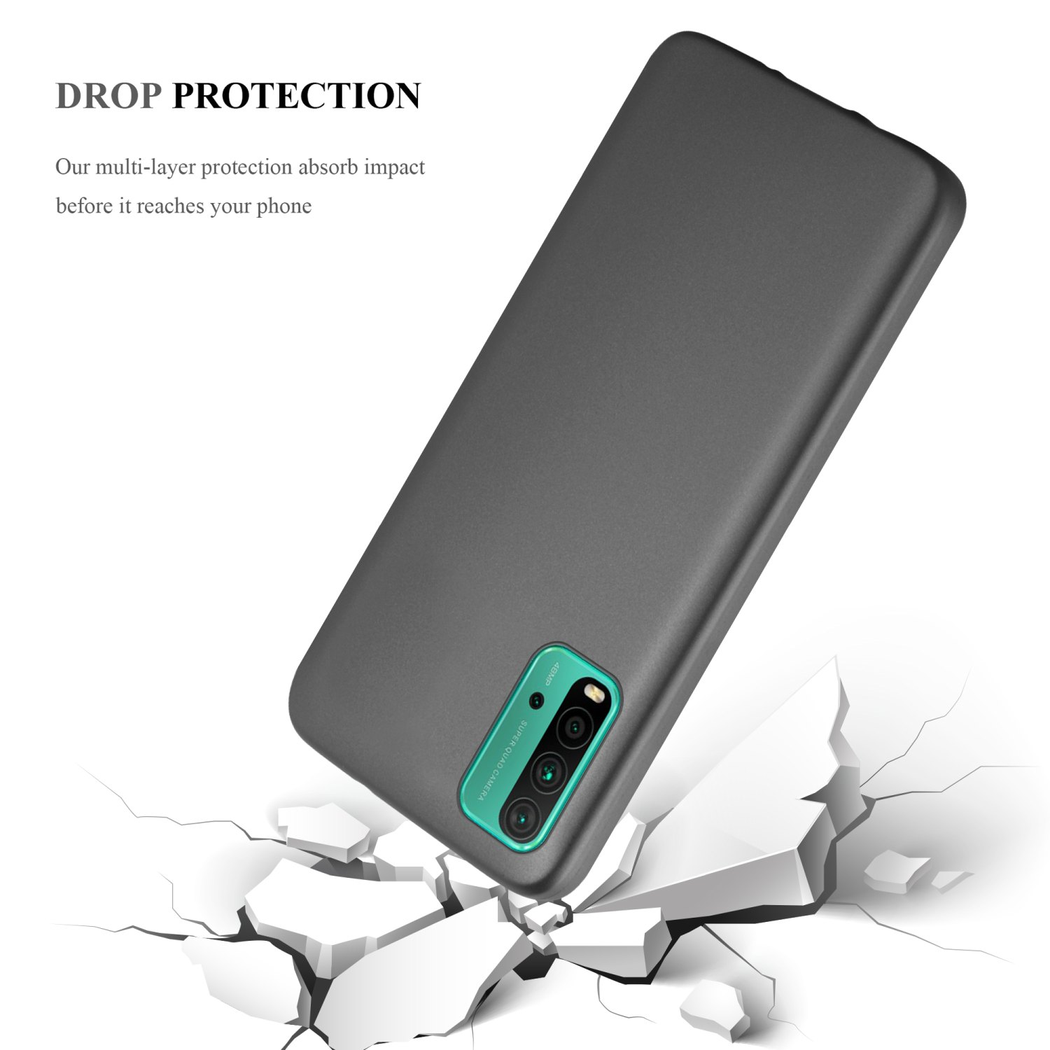 Funda de teléfono gris cayendo, con suelo roto debajo. La parte trasera del teléfono es visible.