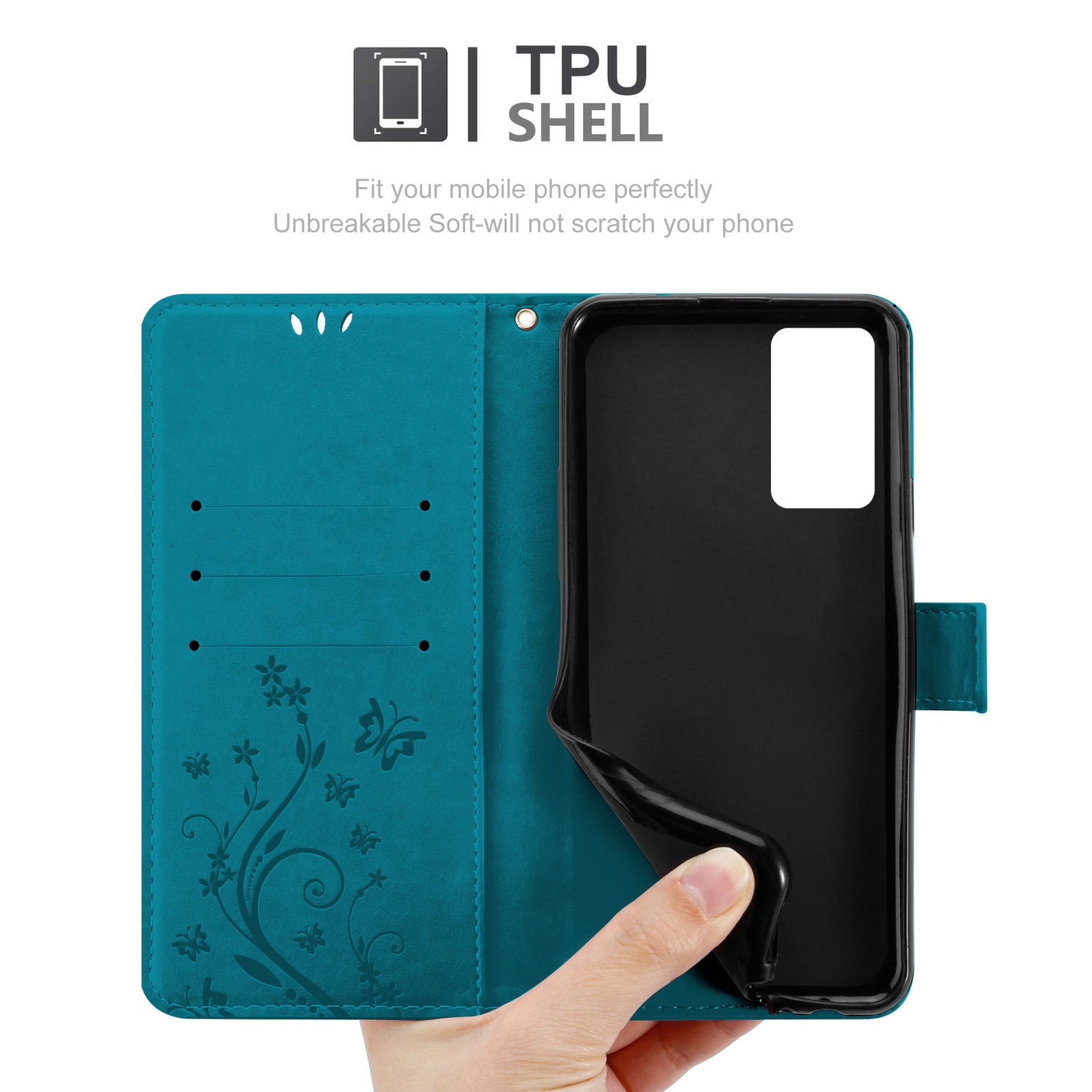 Custodia per telefono verde acqua aperta, che mostra telefono e interno con design floreale.