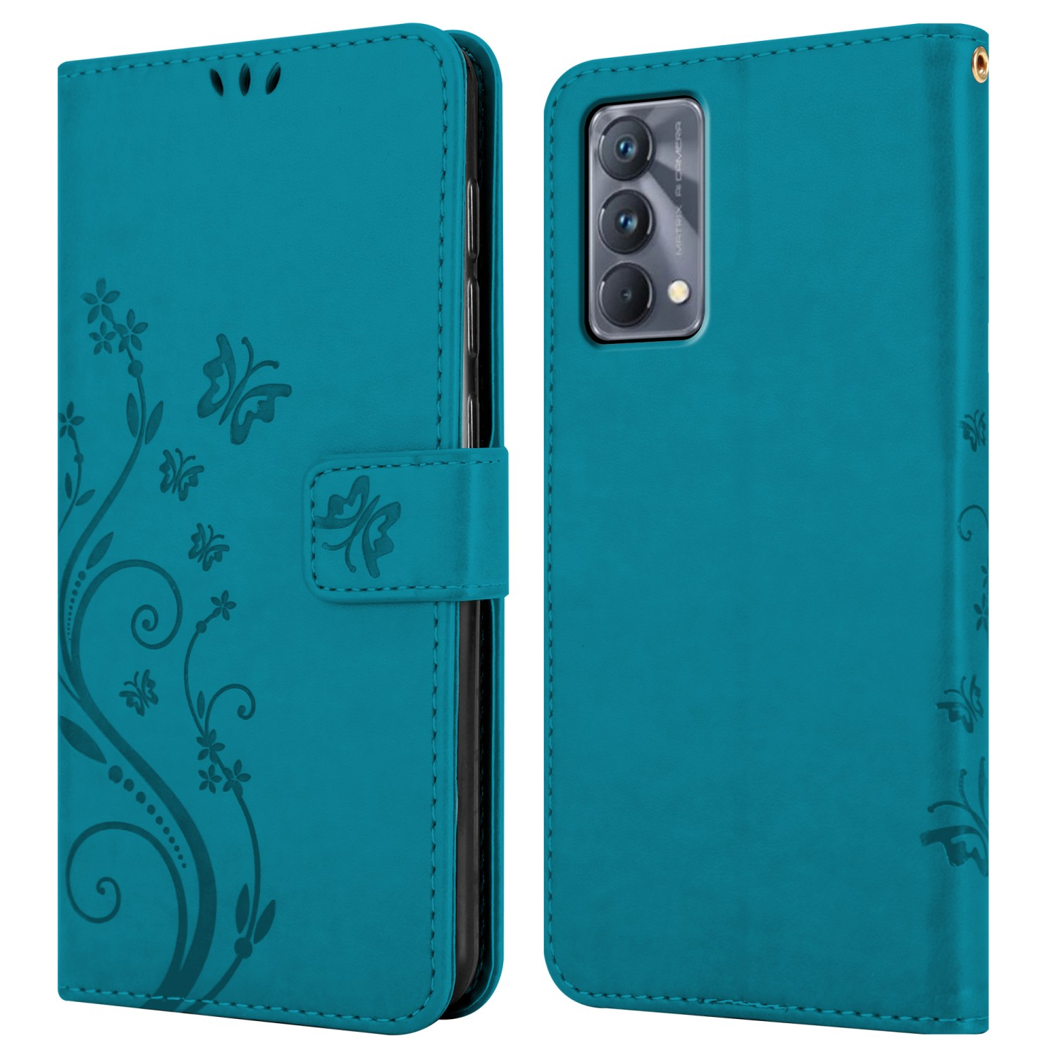 Custodia verde acqua, aperta con telefono e design floreale.