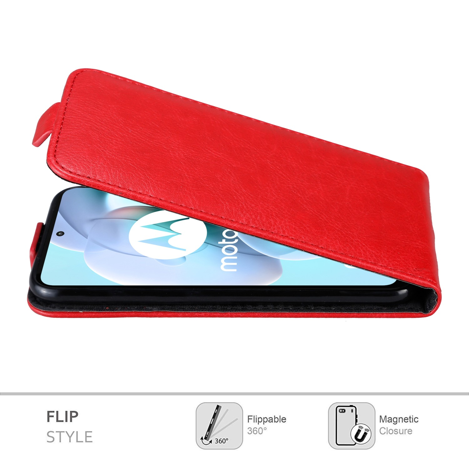 Custodia a flip rossa aperta, mostra il telefono, parola 'Flip Style'.