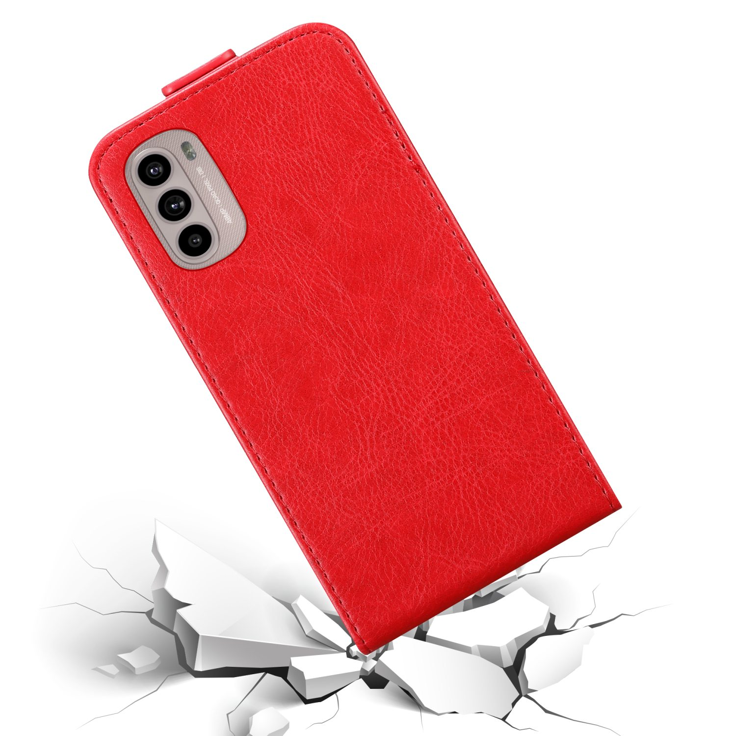 Custodia rossa con telefono dentro, la custodia cade e rompe il pavimento. Sfondo bianco.