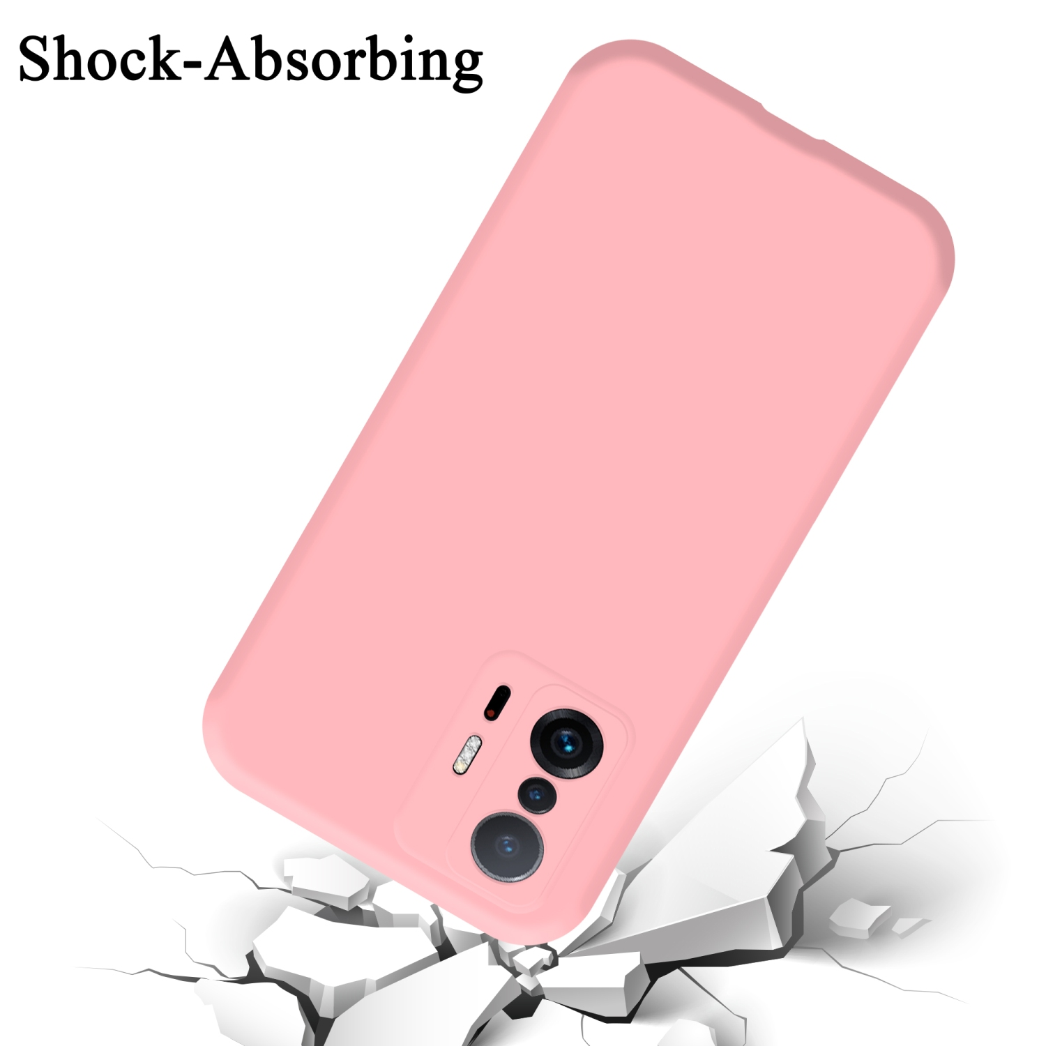 Eine pinke Handyhülle mit einem Telefon darin, das auf einen rissigen Boden fällt. Die Hülle ist stoßabsorbierend.
