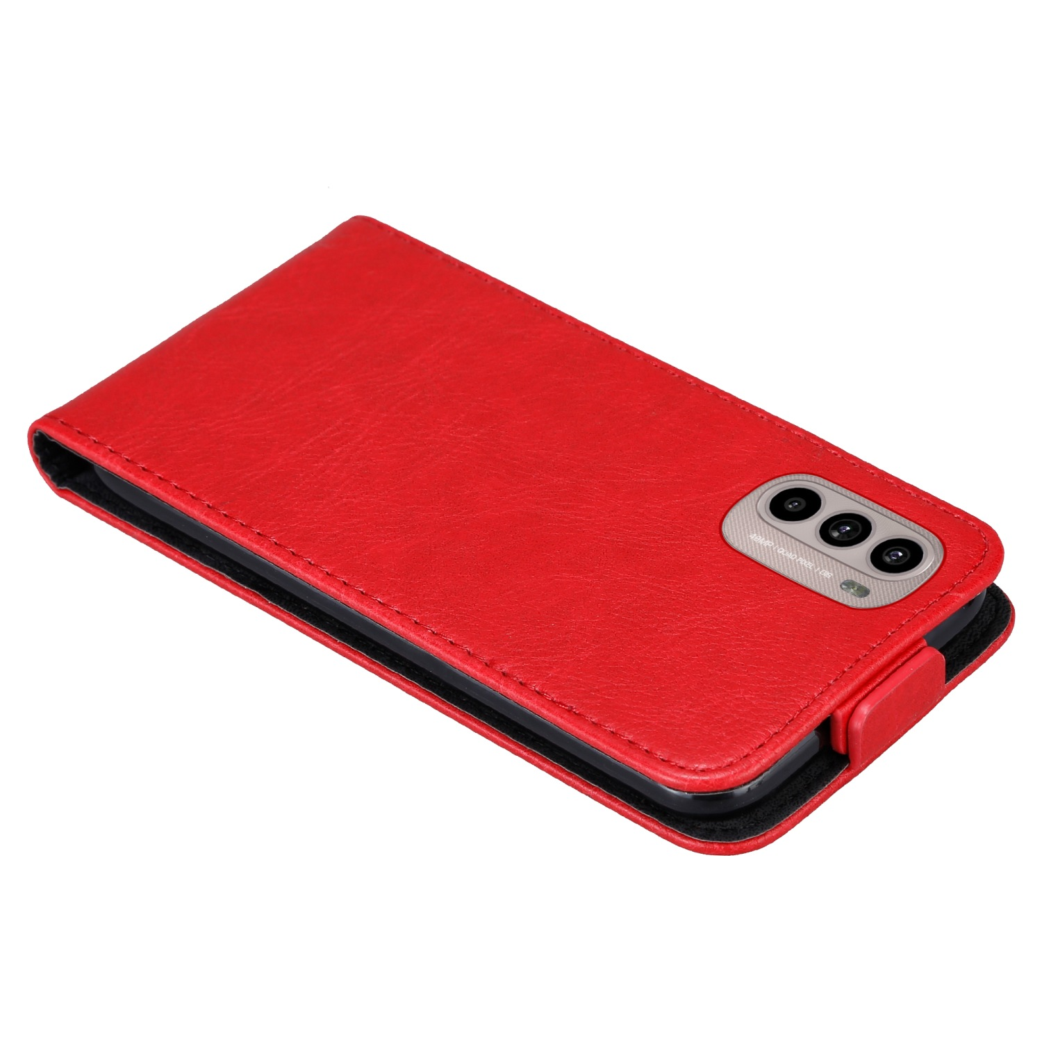 Custodia rossa per telefono con telefono dentro, vista da un'angolazione.