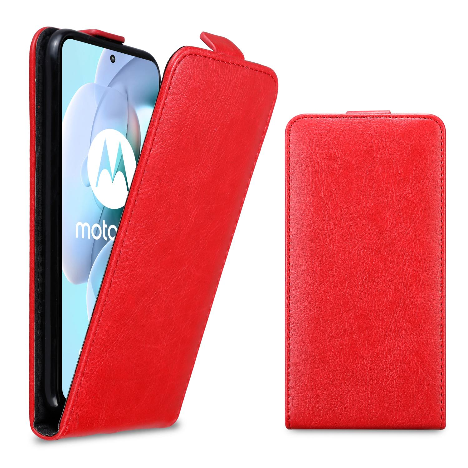 Una custodia per telefono rossa aperta, che mostra un telefono. La custodia è in pelle e il telefono è visibile.
