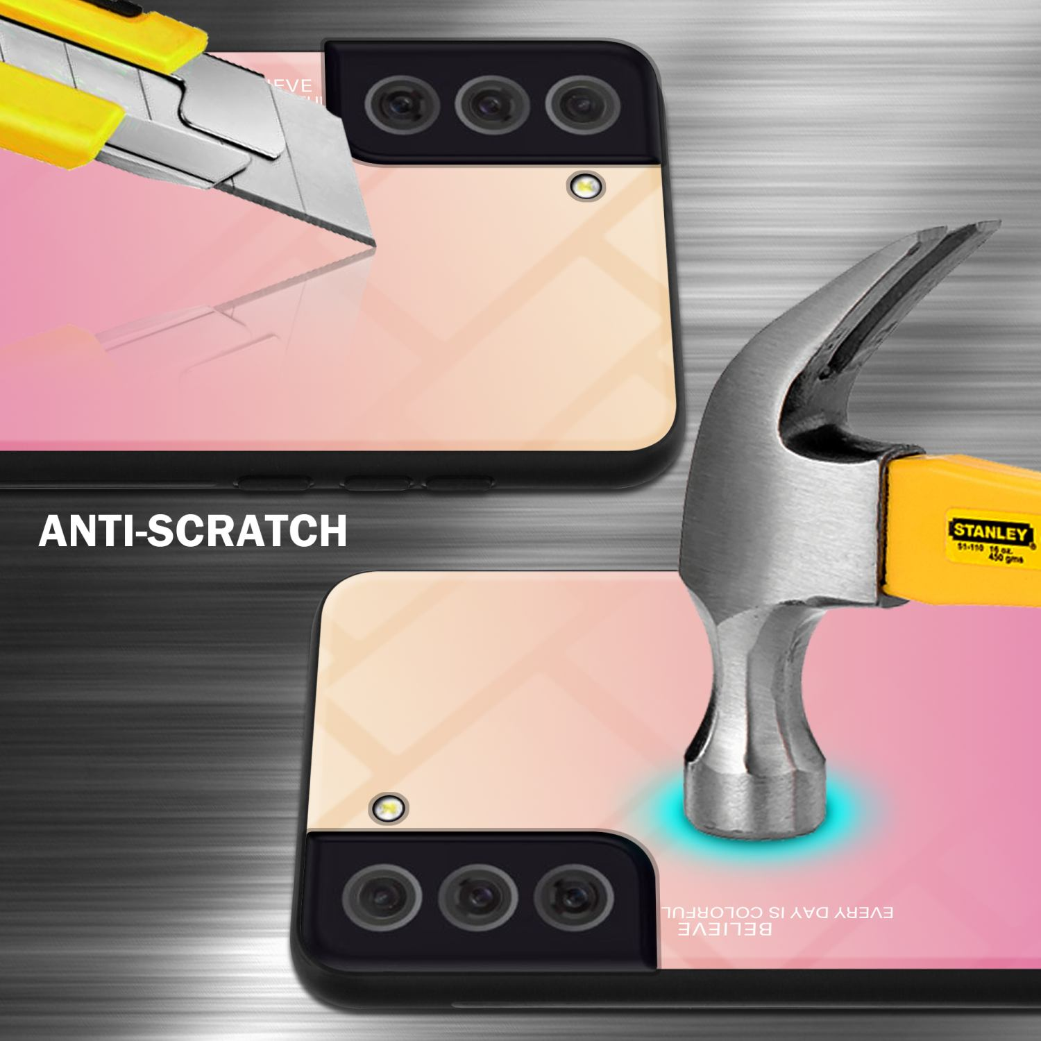 Telefon mit rosa Farbverlauf, wird mit einem Messer zerkratzt und mit einem Hammer geschlagen. Text 'Anti-Kratzer' und 'Farbenfroh'.