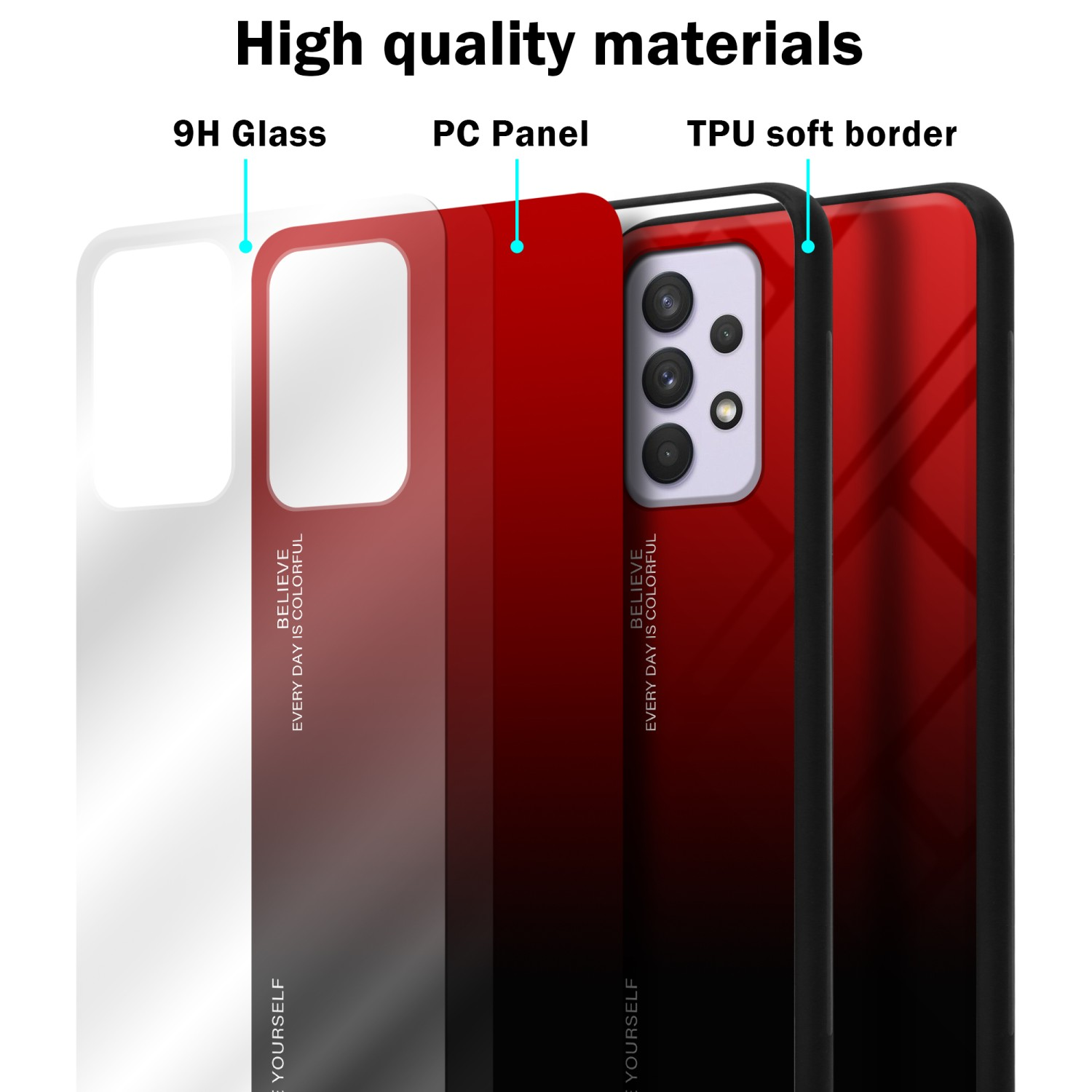 Handyhüllen-Schichten: 9H Glas, PC-Panel, TPU-Softborder. Rote und schwarze Farbverlaufshülle mit Telefon.