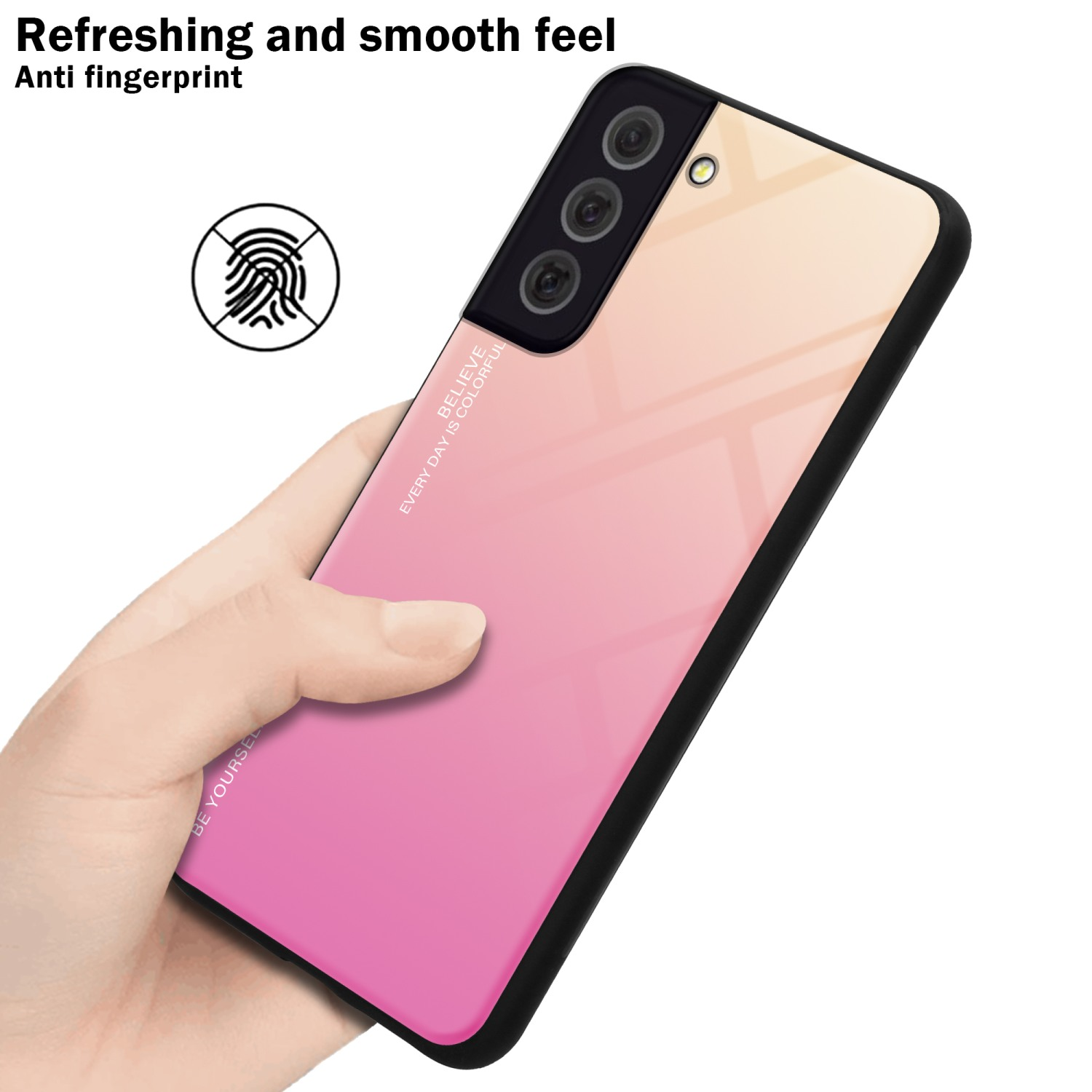 Eine Handyhülle mit rosa Farbverlauf. Eine Hand hält das Telefon.