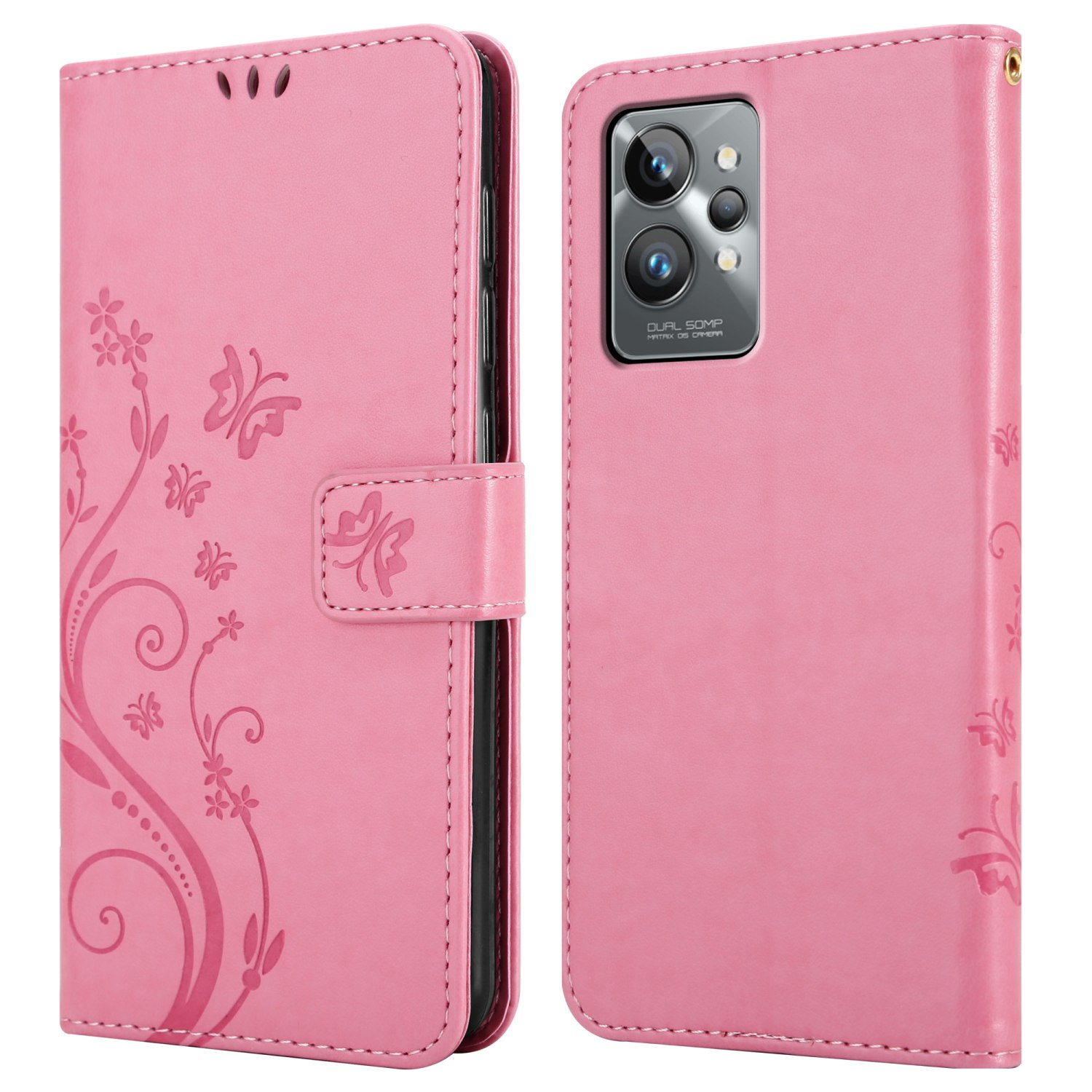 Custodia a portafoglio rosa con telefono. Protezione dalle cadute.