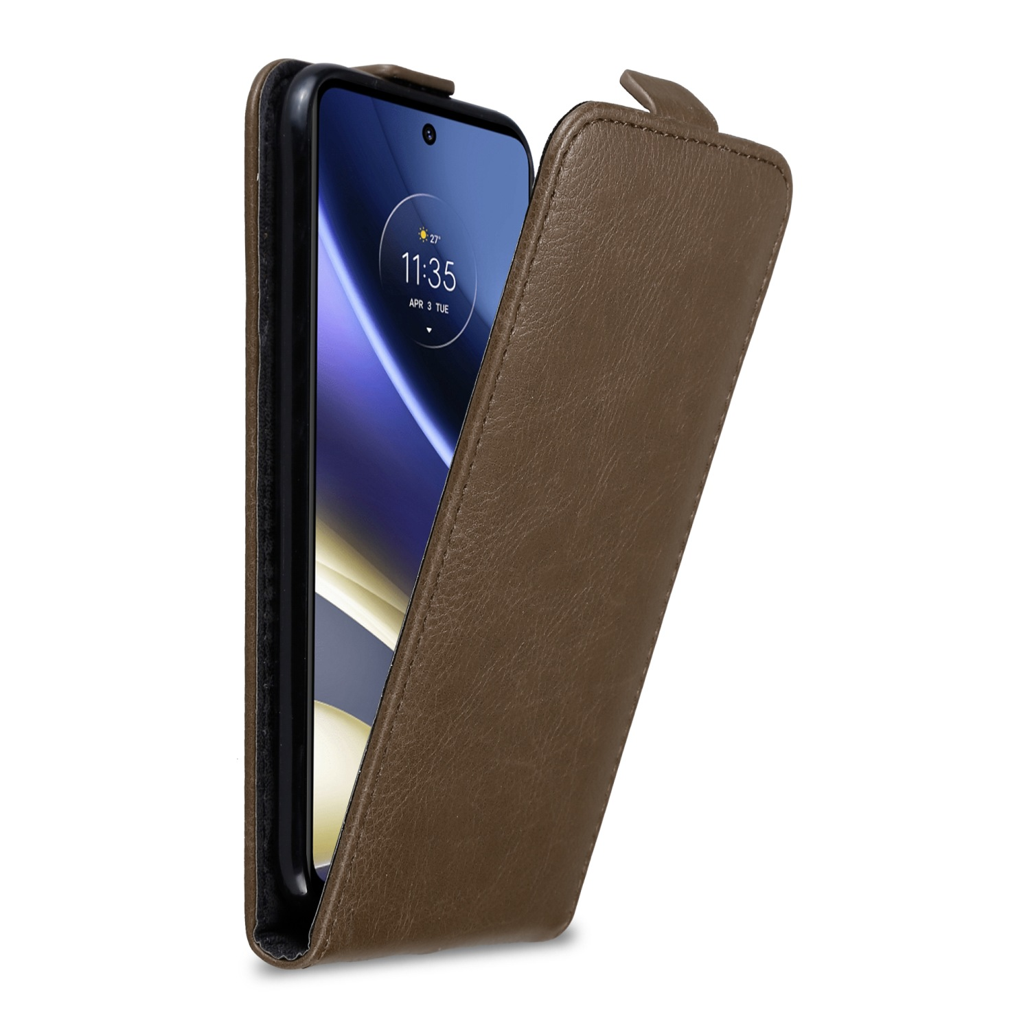 Una custodia marrone per telefono con un telefono all'interno. La custodia è aperta, mostrando lo schermo del telefono.