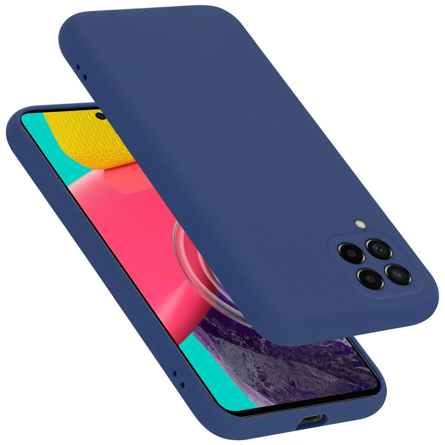 Marineblaue Handyhülle auf einem Telefon, mit leicht geöffneter Hülle. Der Bildschirm hat pinkes und gelbes Design.