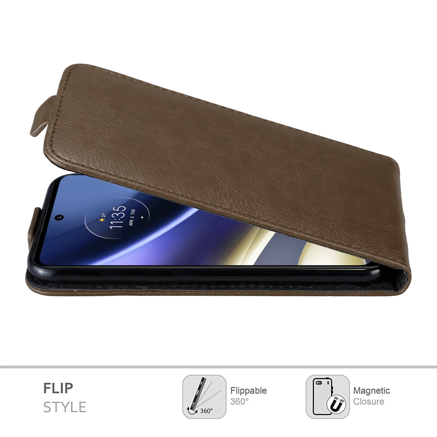 Custodia per telefono marrone con telefono all'interno. Testo: Stile flip. Sfondo bianco.