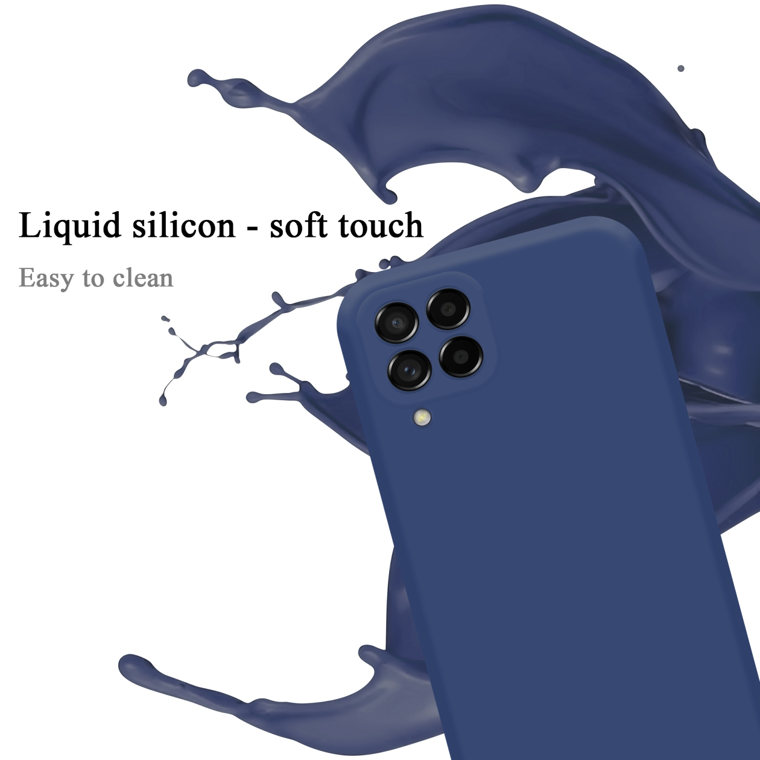 Marineblaue Handyhülle mit Telefon und einem Spritzer blauer Farbe. Text: Flüssiges Silikon - weiche Haptik, leicht zu reinigen.