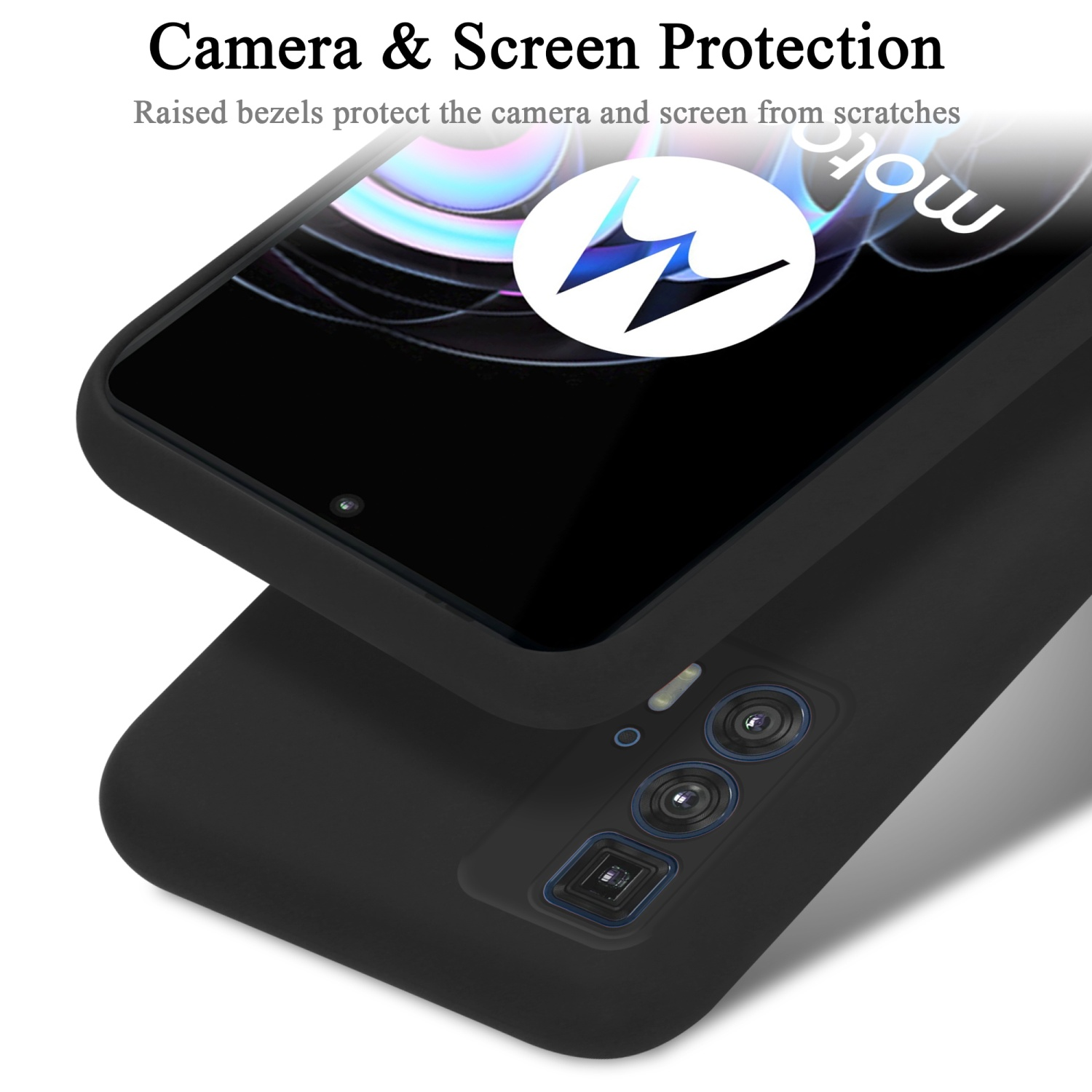 Primo piano di una custodia nera su un telefono, con fotocamera e schermo visibili.