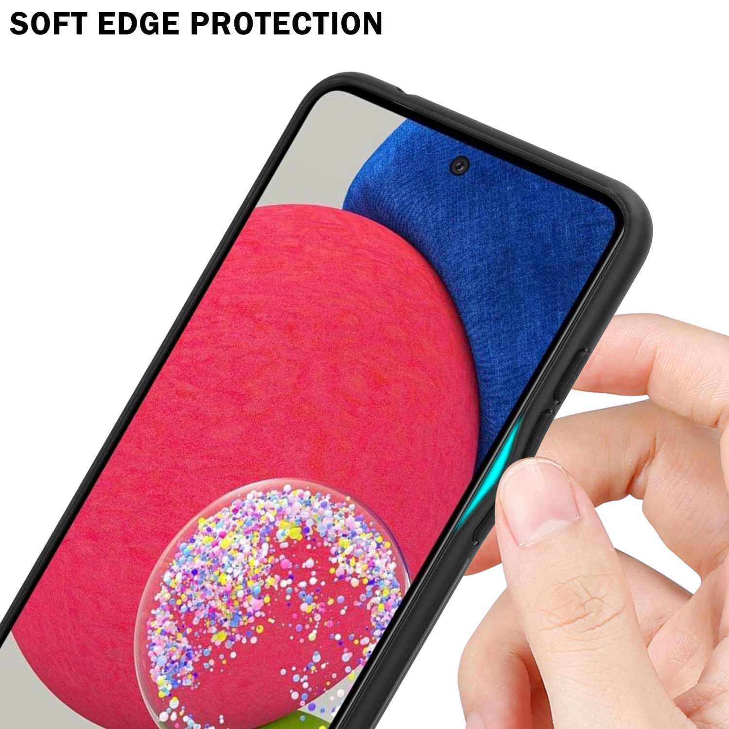 Primo piano di un telefono con custodia. La custodia è nera e il telefono mostra un'immagine colorata.