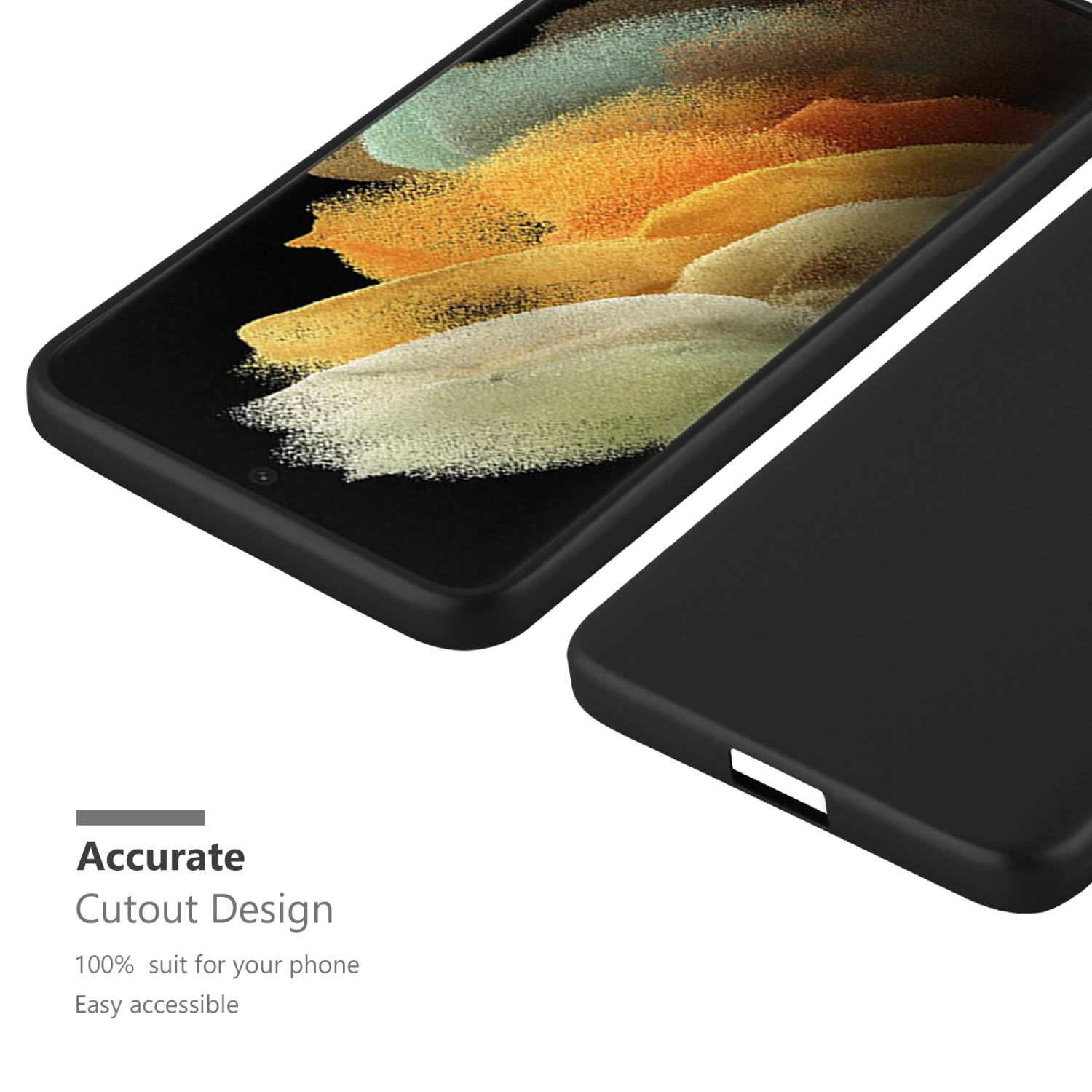Schwarze Handyhülle mit Telefon. Text: 'Präzises Ausschnittdesign'.