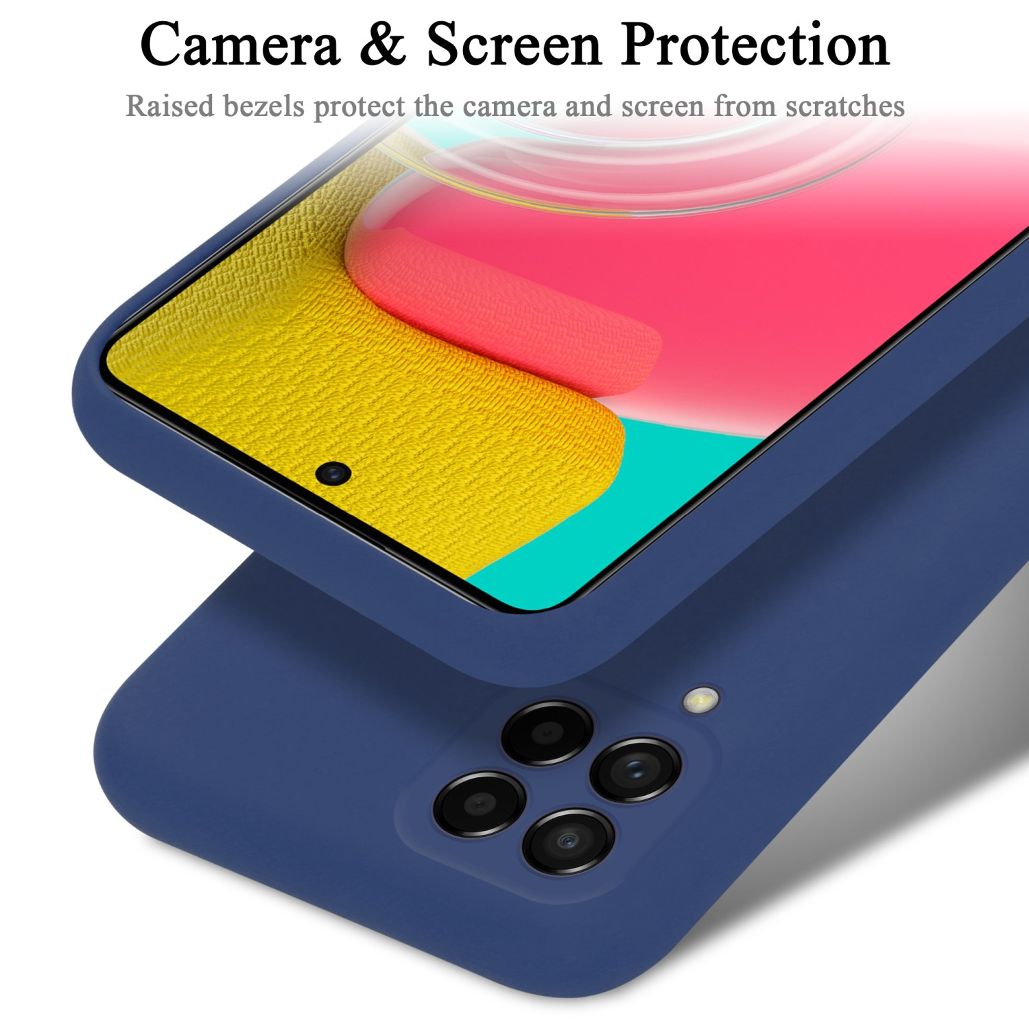 Eine blaue Handyhülle mit einem Telefon darin. Der Bildschirm hat rosa, rote und gelbe Farben.