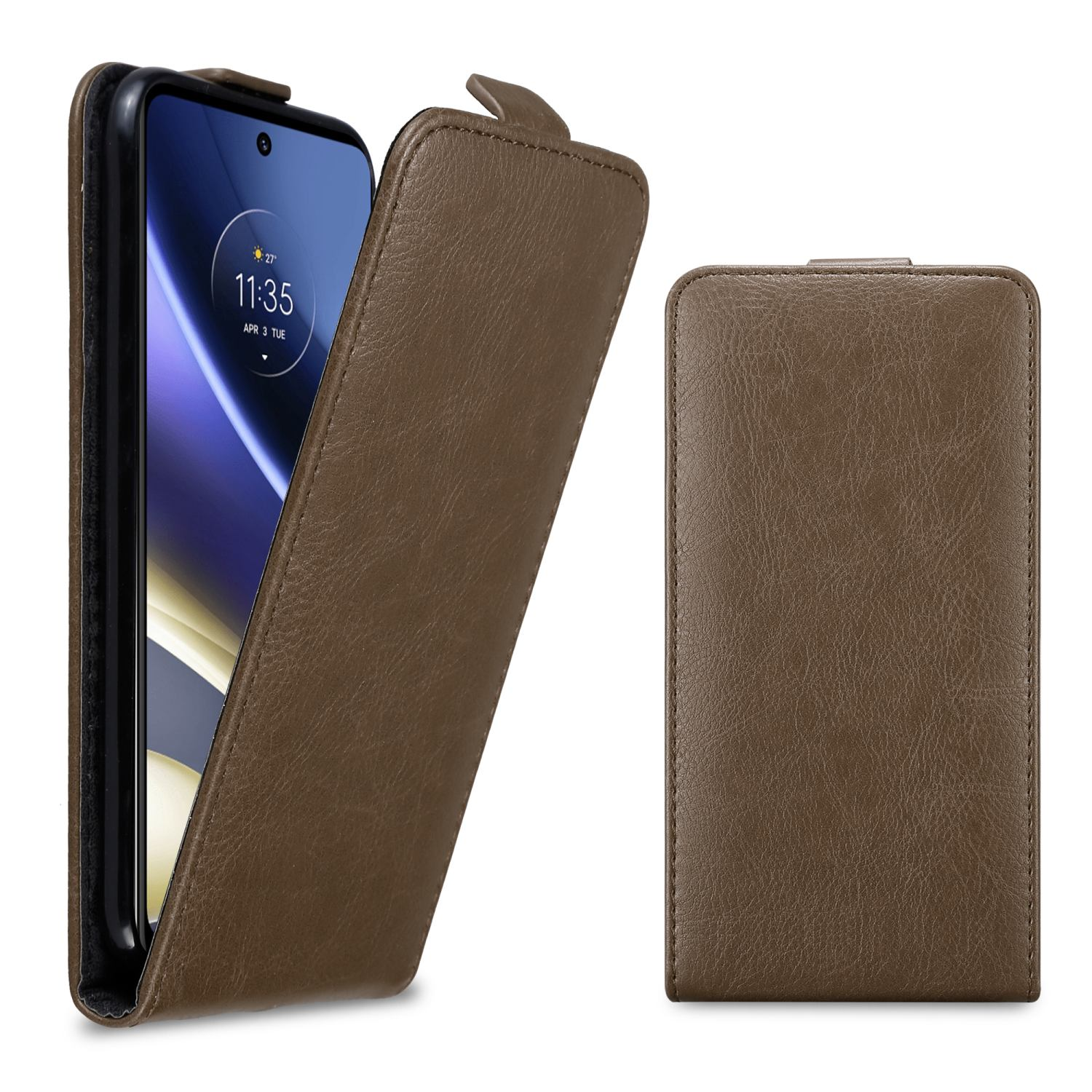 Custodia marrone aperta, che mostra il telefono. La custodia è in stile a libro.