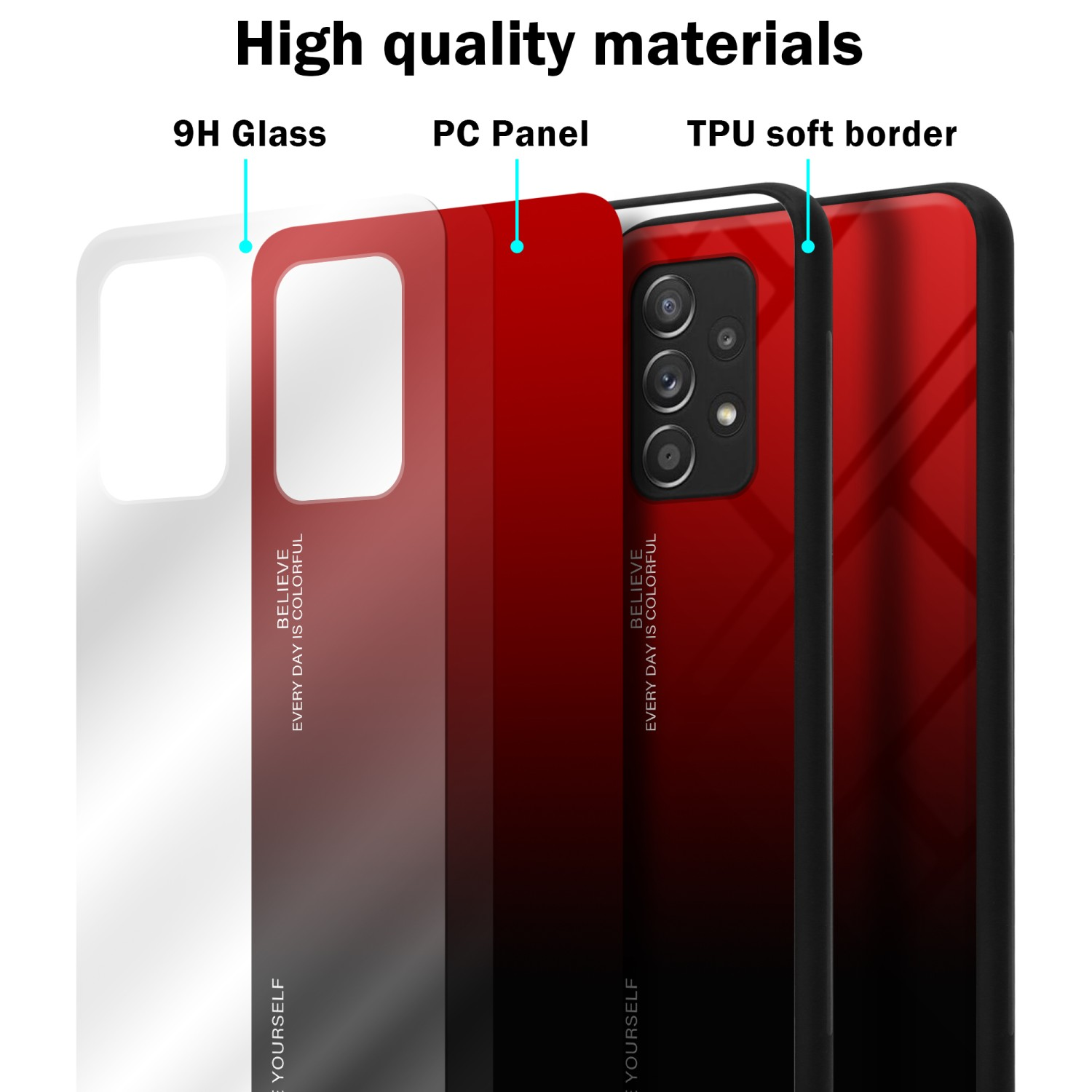 Strati della custodia del telefono: Vetro 9H, Pannello PC e bordo morbido in TPU. Colori sfumati rosso e nero.