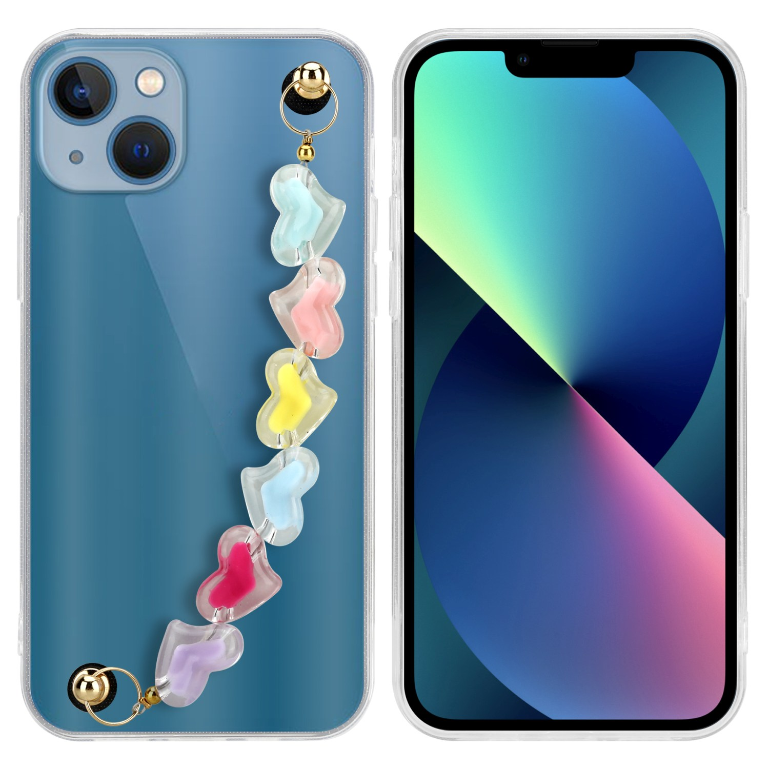 Zwei durchsichtige Handyhüllen. Eine mit Herzriemen. Telefon ist rechts.