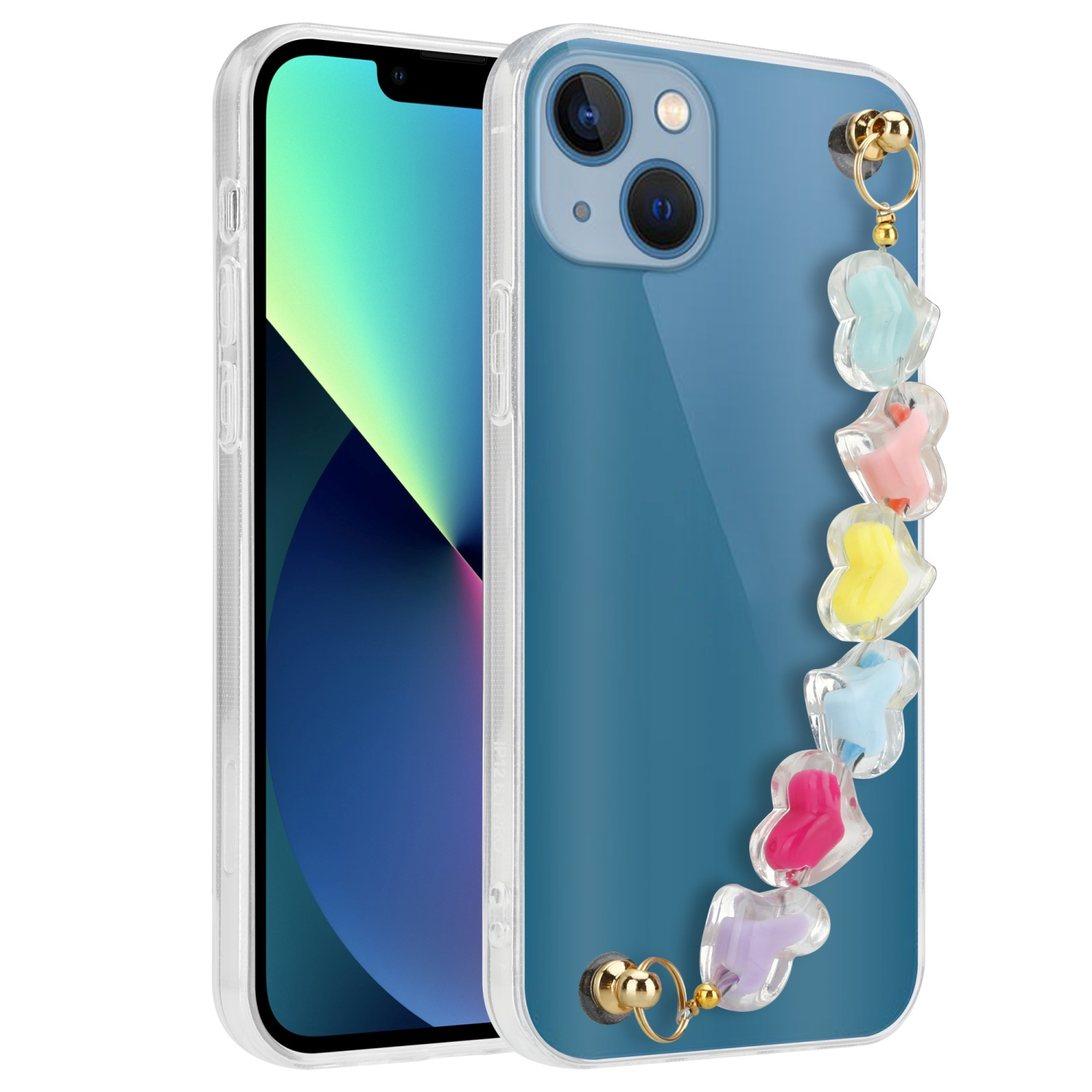 Transparente Handyhülle mit Herzanhänger. Ein weiteres Telefon liegt daneben. Blaues Telefon in der Hülle.