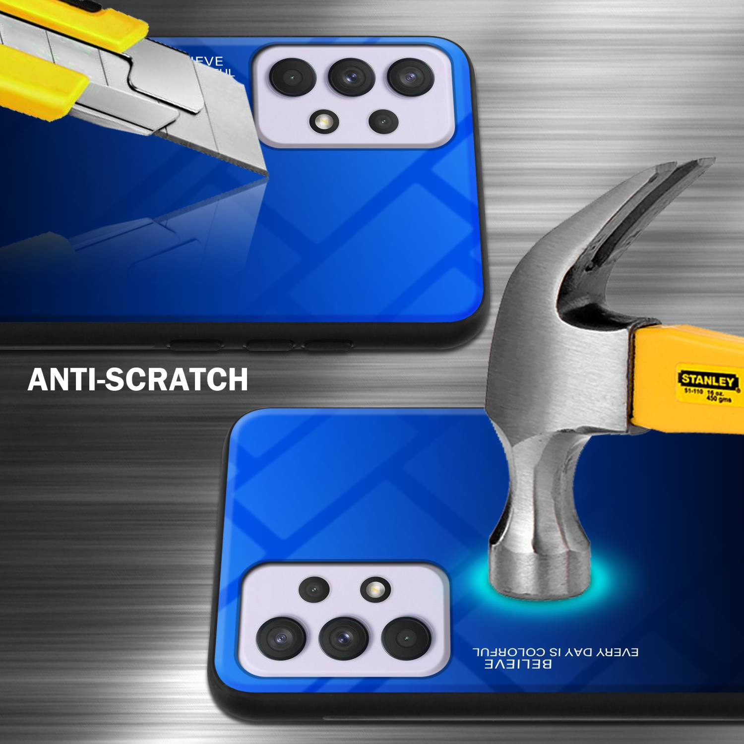 Eine Handyhülle mit blauem Rücken. Ein Hammer und ein Messer schlagen auf die Hülle. Anti-Kratzer-Design.