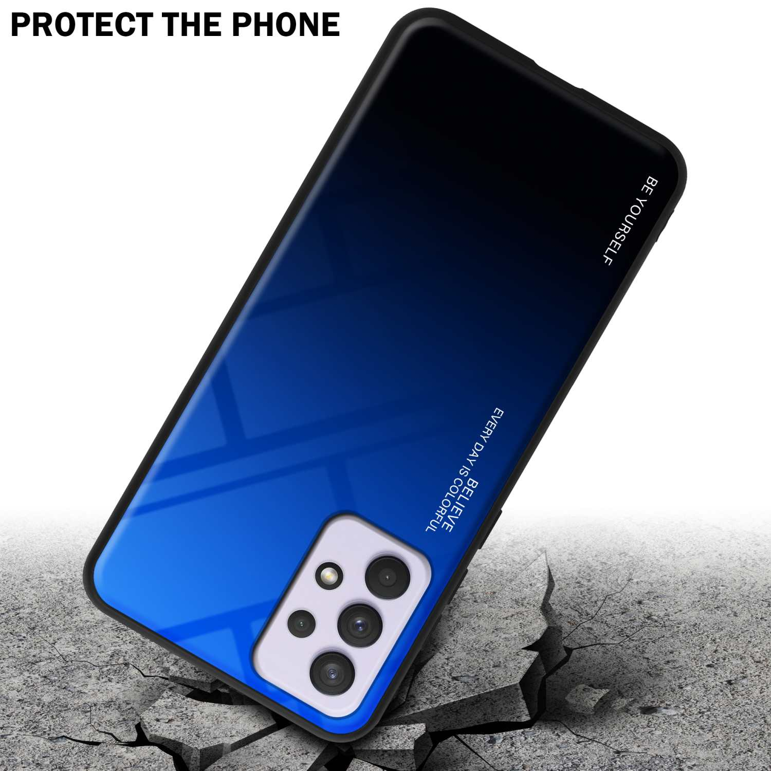 Blau-schwarze Handyhülle auf rissiger Oberfläche. Die Hülle mit Telefon im Inneren wird gezeigt.
