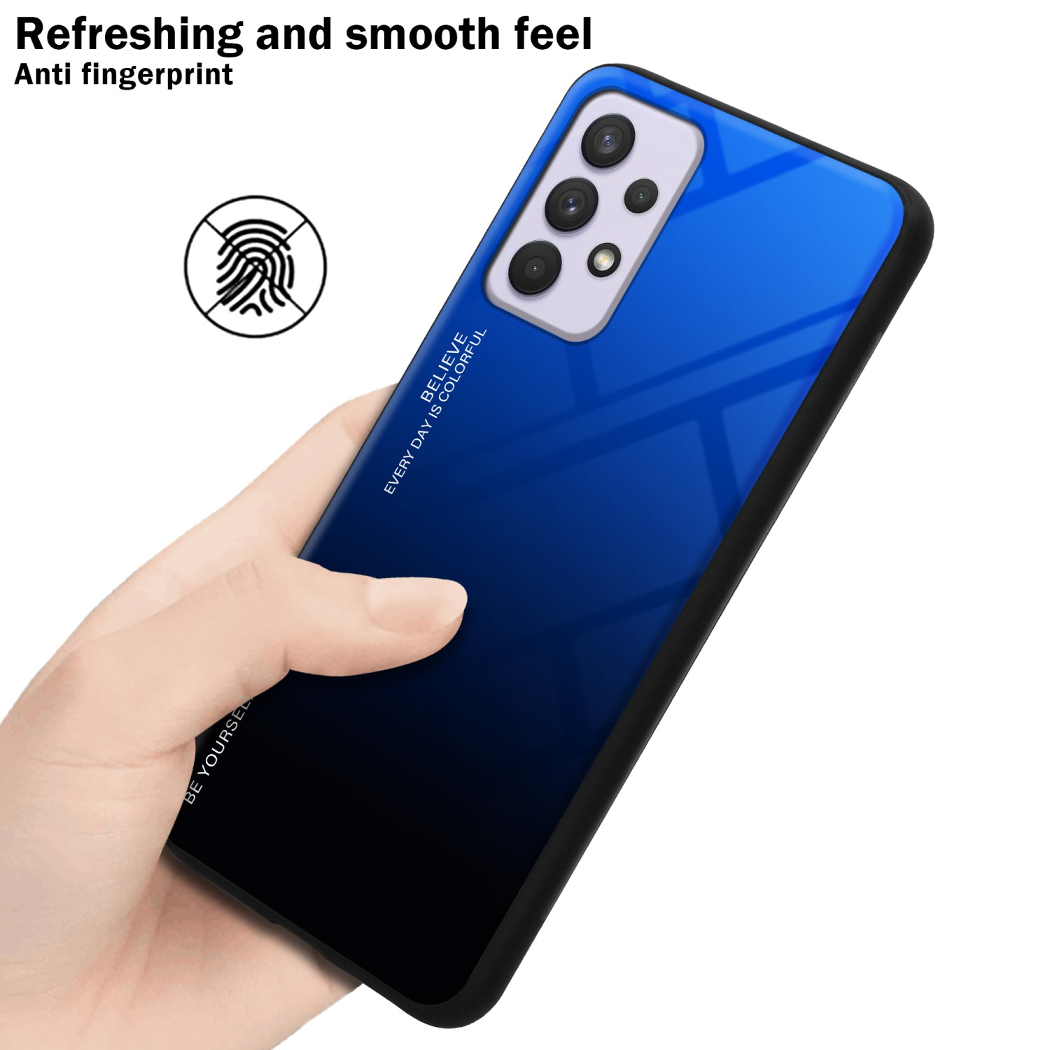 Eine Hand hält ein blaues Gradienten-Telefon. Der Hintergrund ist ein Farbverlauf aus dunkelblau und hellblau.