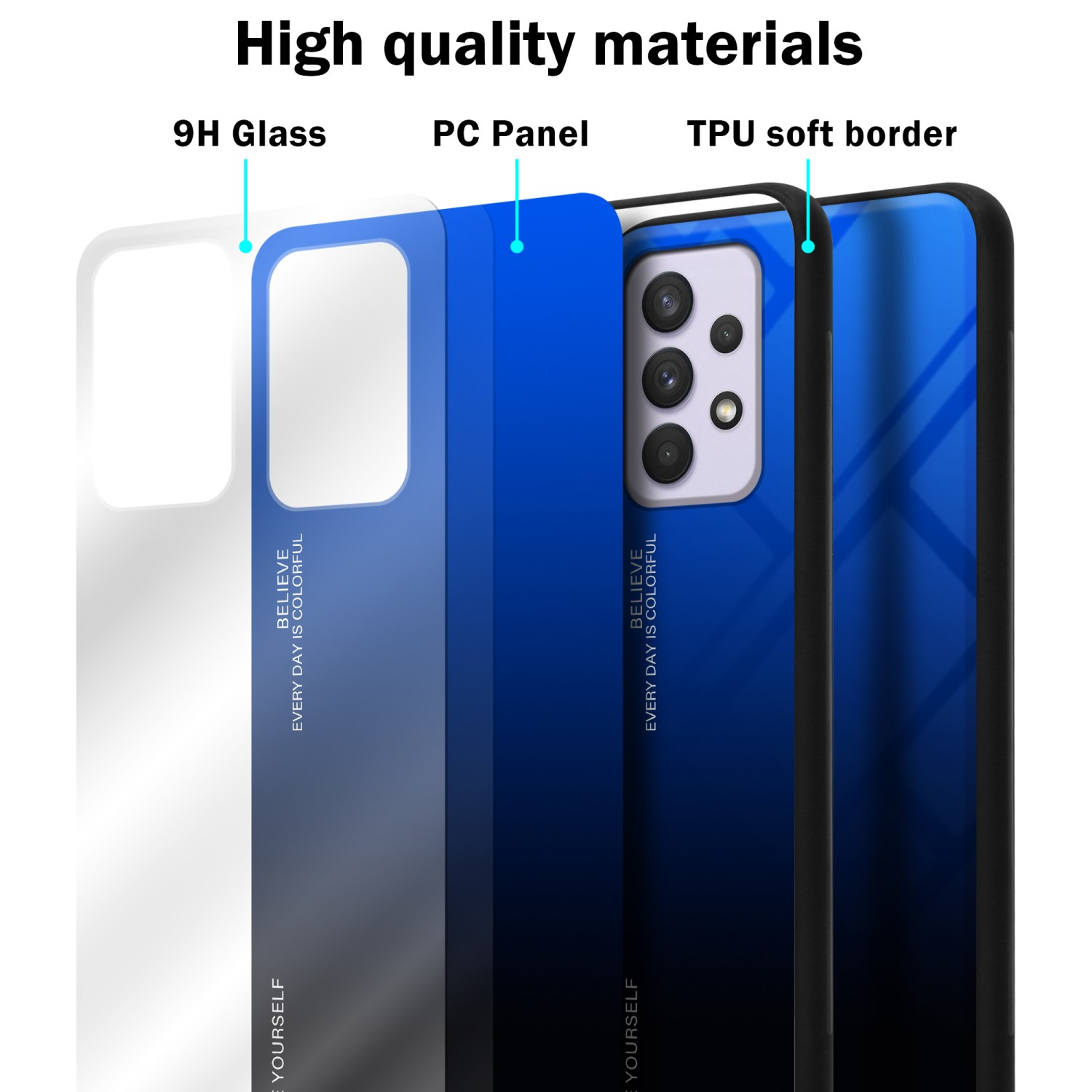 Handyhüllen-Schichten: 9H Glas, PC-Panel und TPU-Weichrand. Die Handyhülle hat eine blaue Farbverlauf.