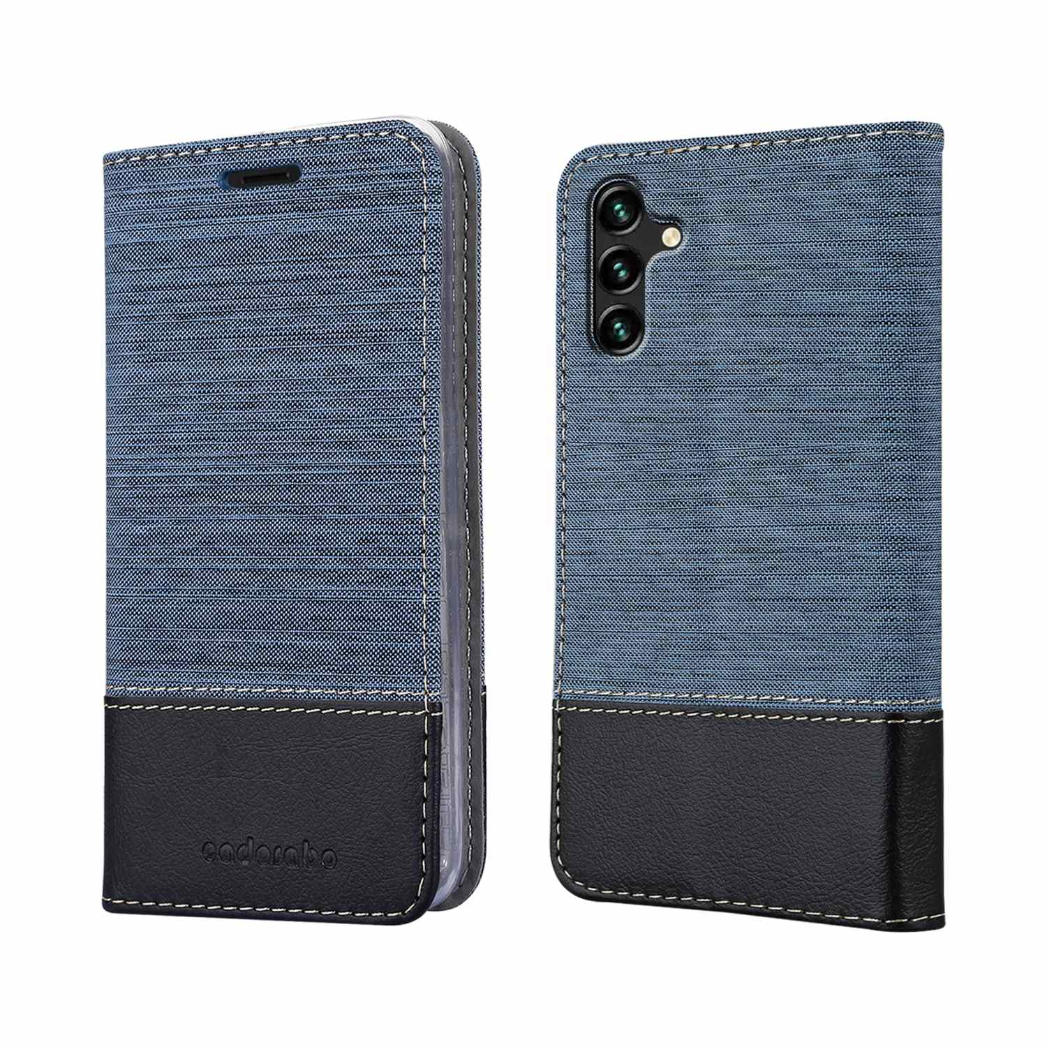 Zweifarbiges blau-schwarzes Handyhülle geöffnet, zeigt das Telefon. Strukturierter Stoff.
