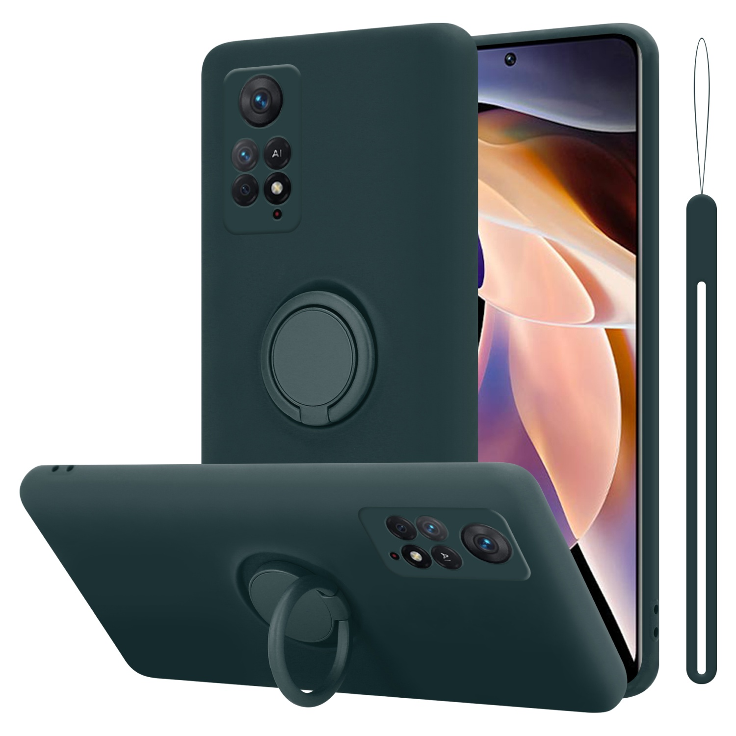 Custodie per telefono verde scuro con supporti ad anello, uno su un telefono, due custodie.