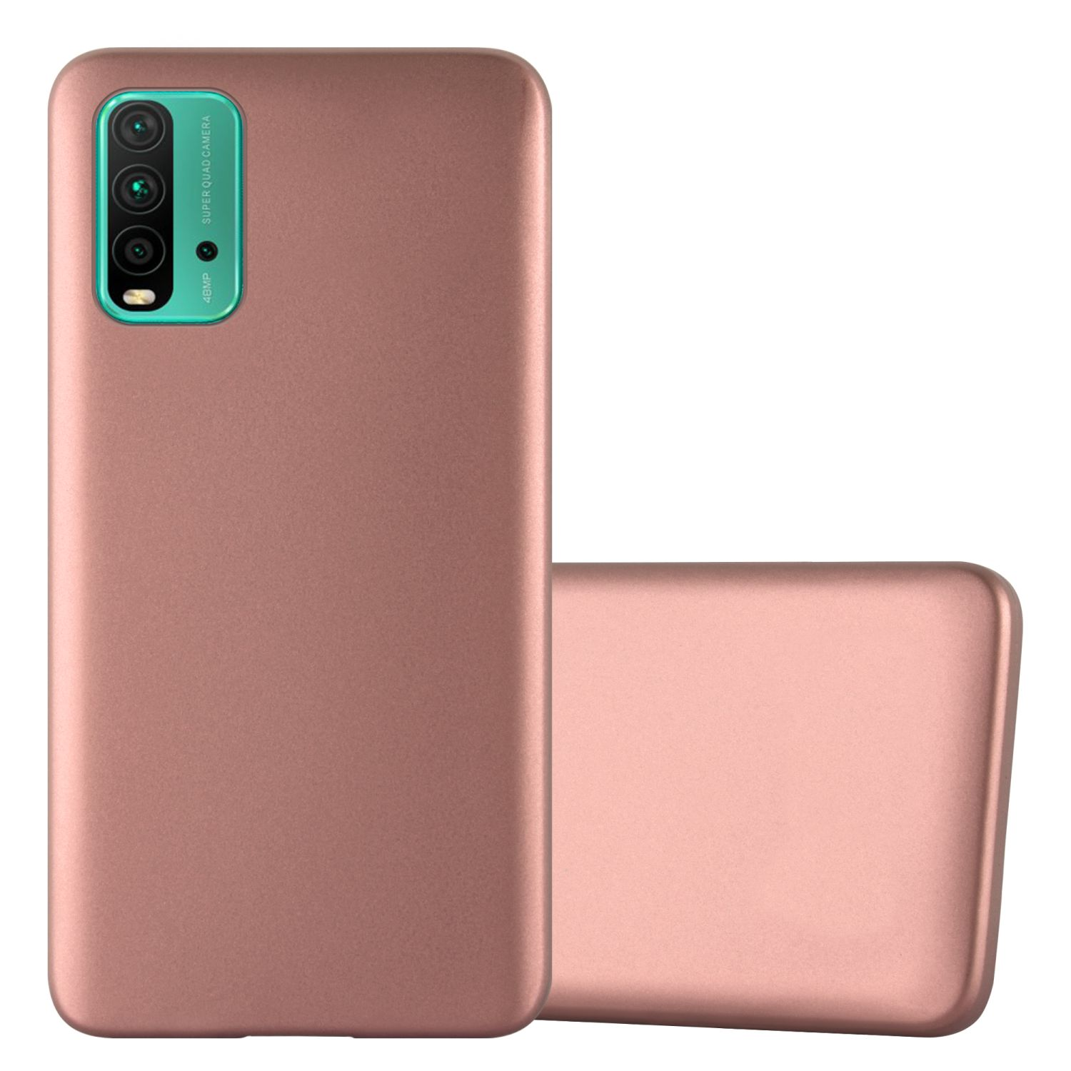 Una funda de teléfono oro rosa con un teléfono dentro. El fondo es blanco.