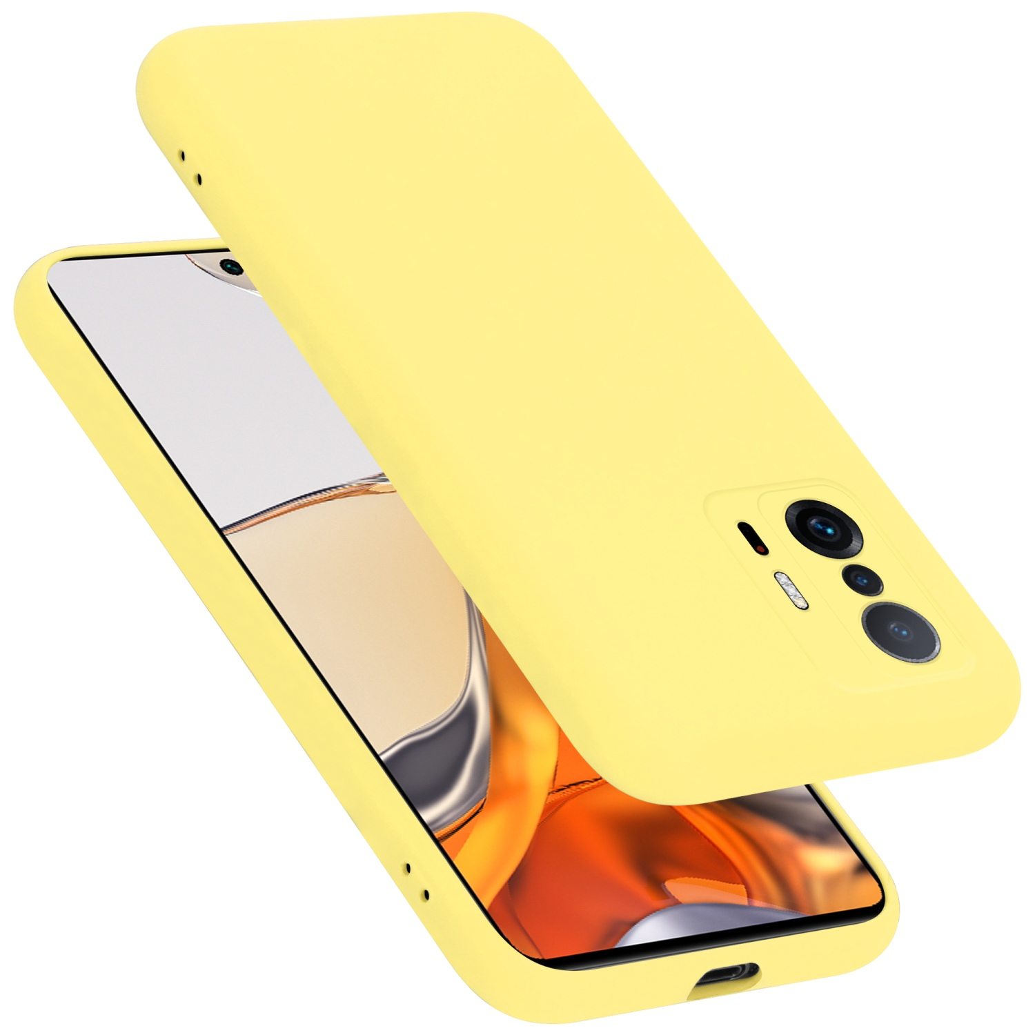 Gelbe Handyhülle mit einem Telefon darin. Die Handyhülle ist offen, das Telefon ist darin.
