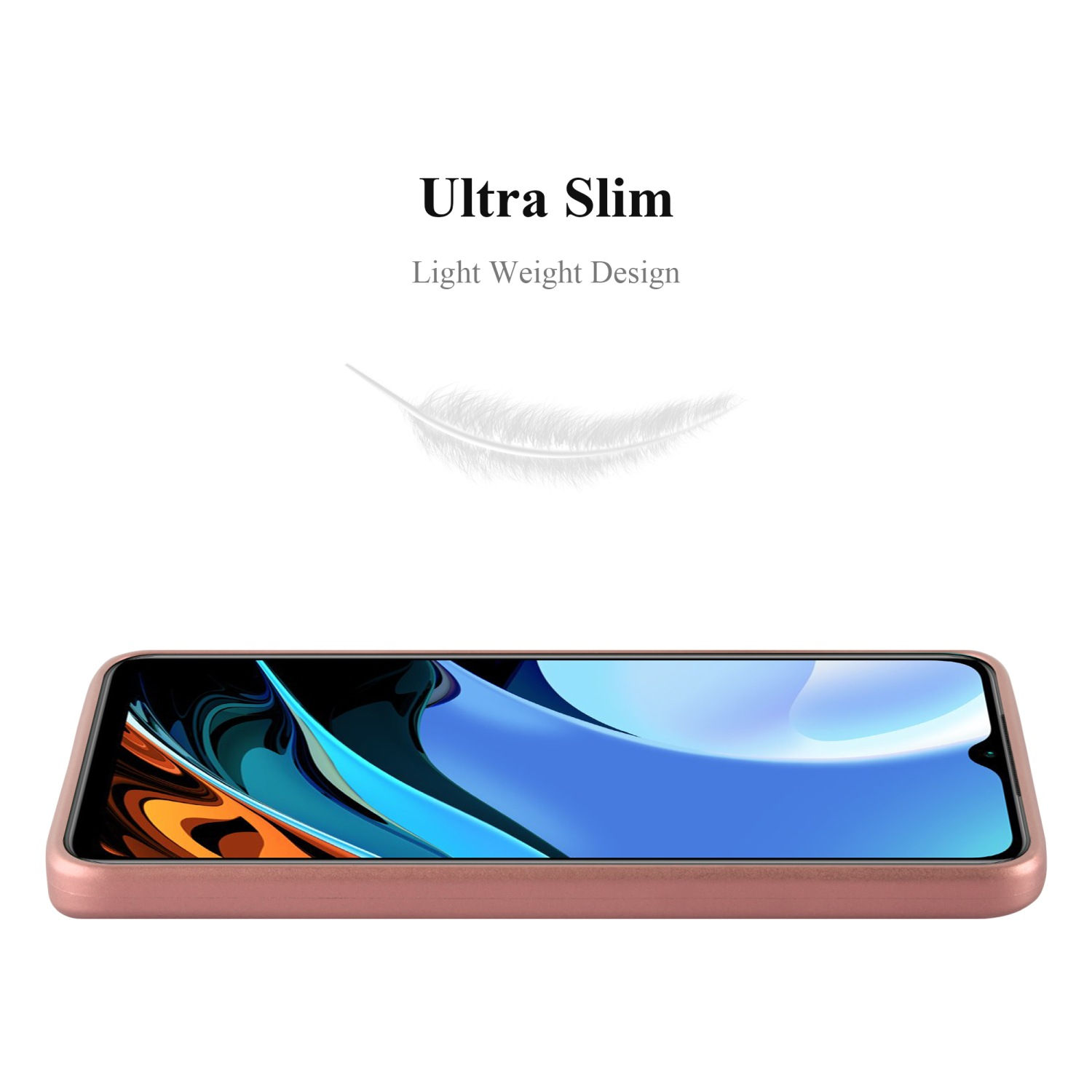 Funda de teléfono con un teléfono rosa dentro. La funda es de oro rosa. La imagen muestra la parte inferior del teléfono.