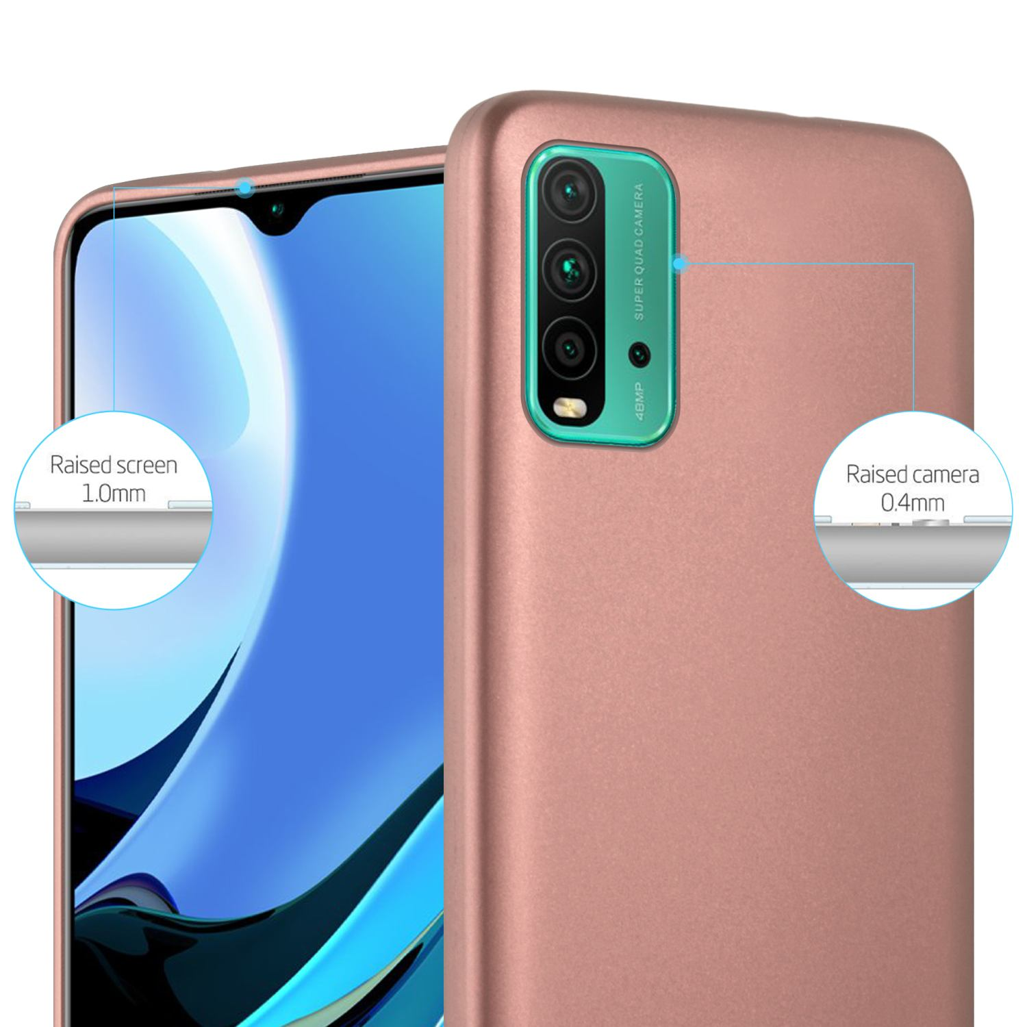 Funda de teléfono oro rosa. Teléfono visible. Detalles de pantalla y cámara elevados.