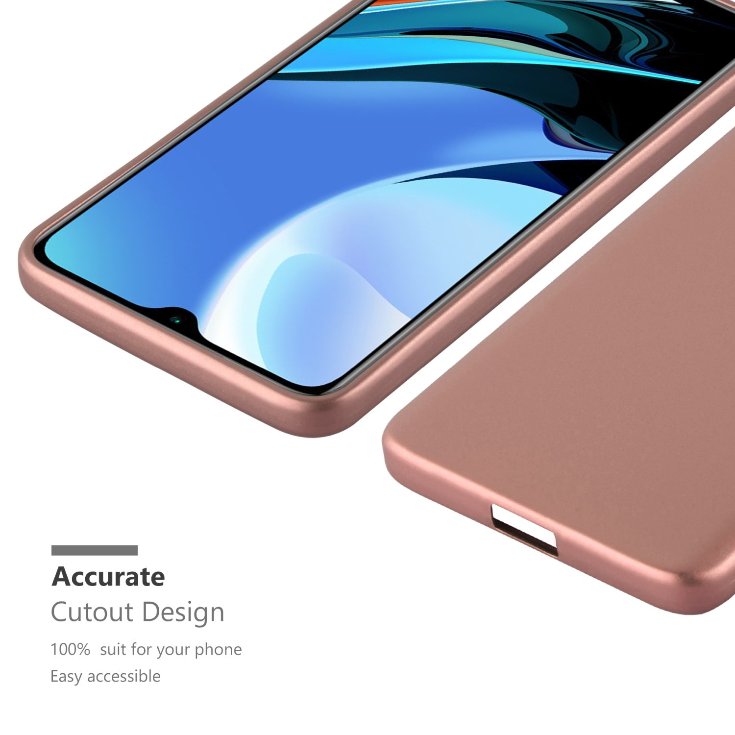 Funda para teléfono oro rosa con pantalla, mostrando parte del teléfono.
