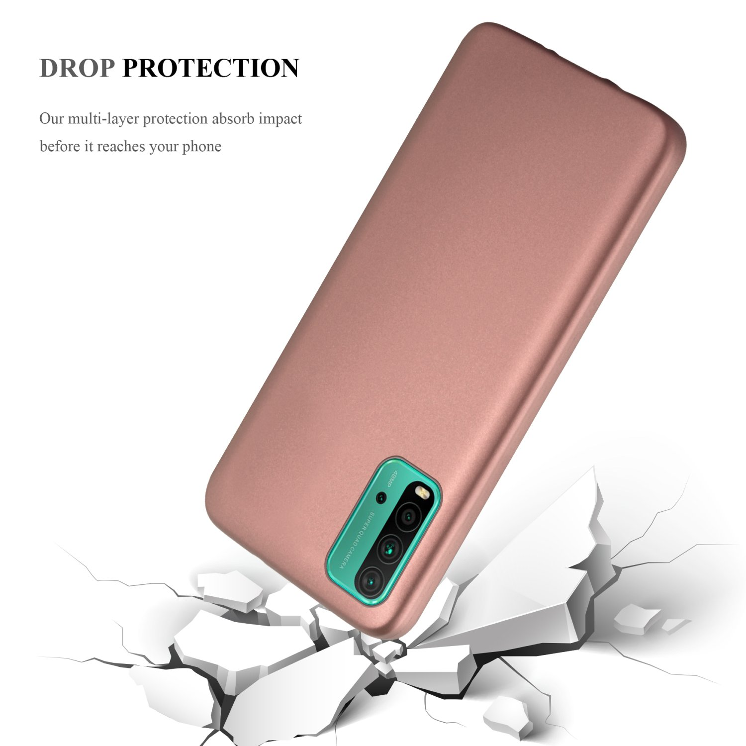 Funda de teléfono oro rosa. Teléfono y funda contra el gráfico del suelo agrietado.