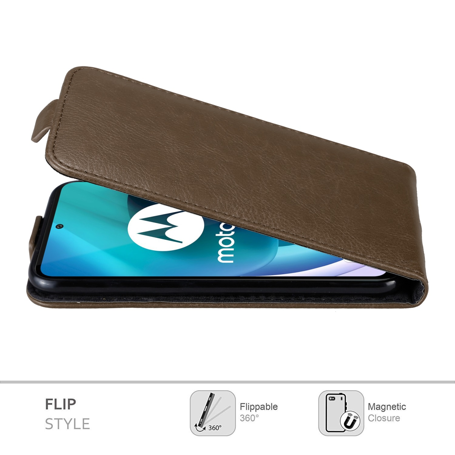 Braune Leder-Handyhülle, offen. Das Telefon ist innen, mit einem Logo auf dem Bildschirm.