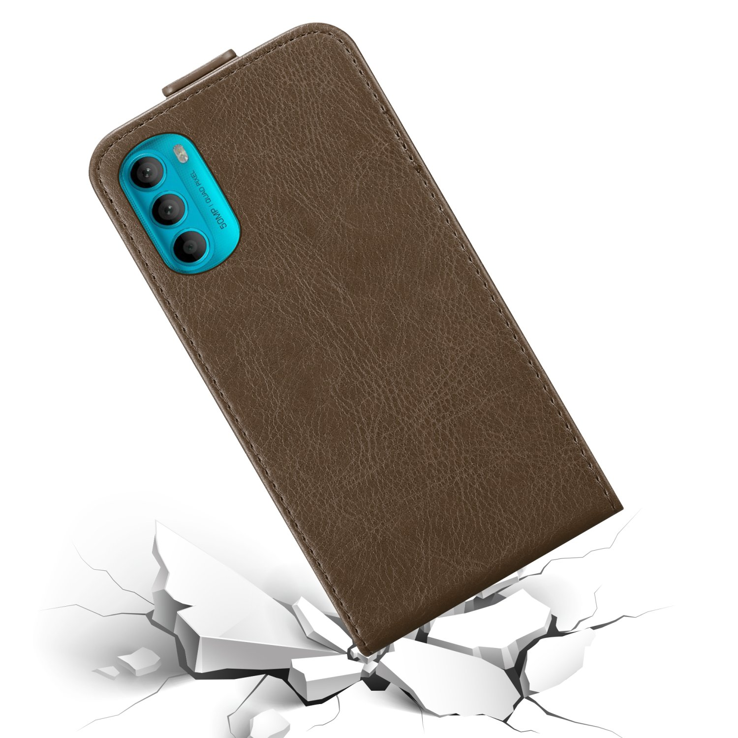 Eine braune Handyhülle mit einem Telefon. Die Hülle scheint zu fallen und den Boden darunter zu zerbrechen.