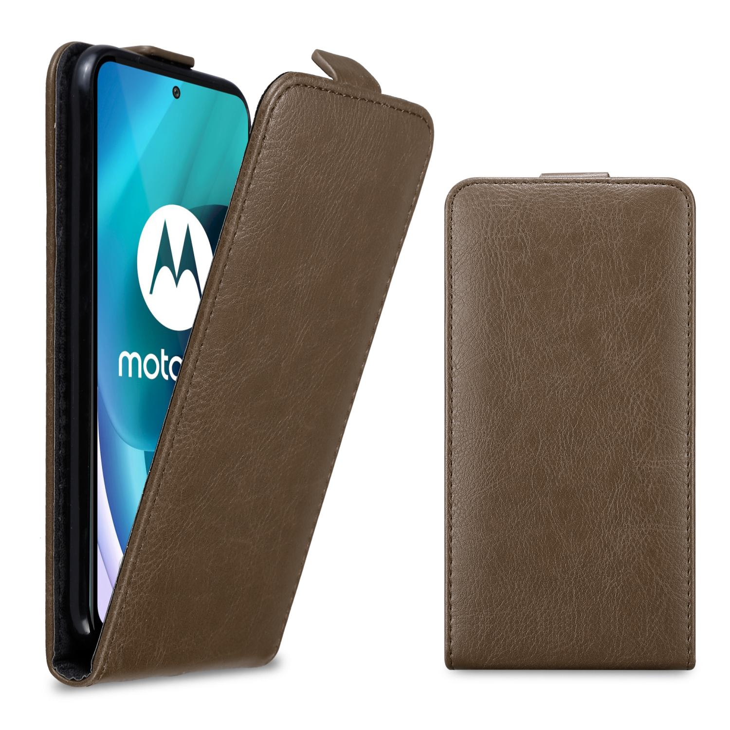 Braune Handyhülle mit Telefon, offen. Die Hülle ist im Flip-Style mit Telefondetail.