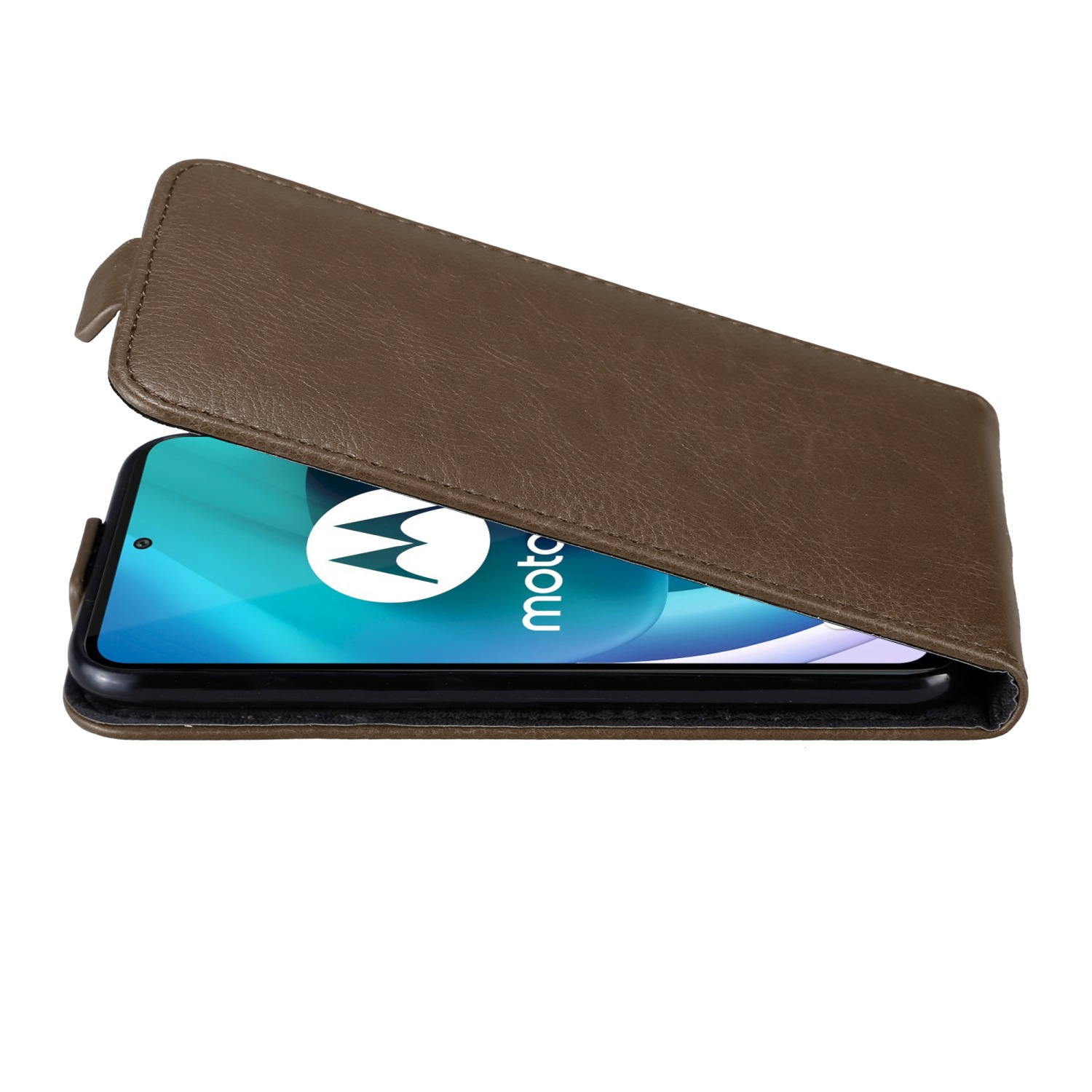 Eine braune Handyhülle ist geöffnet und zeigt ein schwarzes Telefon mit dem Wort Moto.