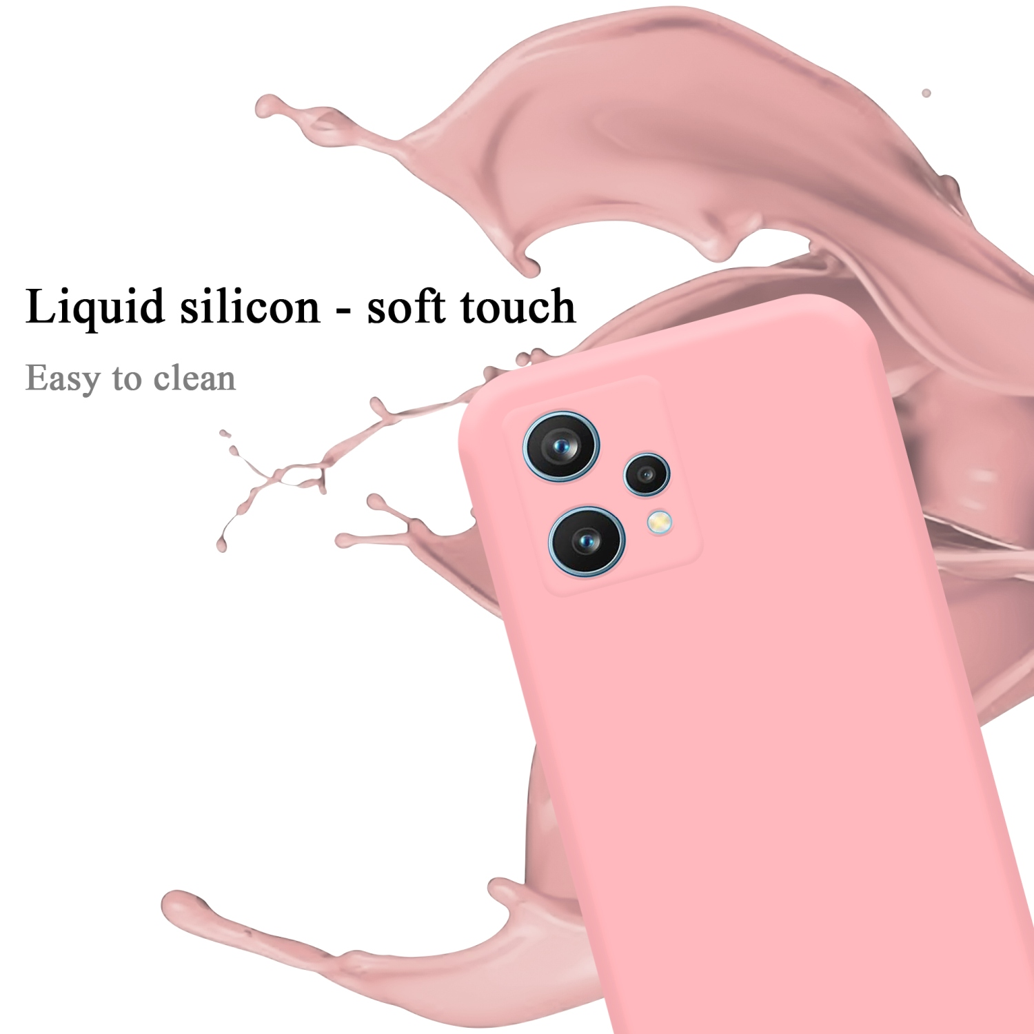 Una custodia per telefono rosa. Lo sfondo mostra un effetto spruzzo rosa.