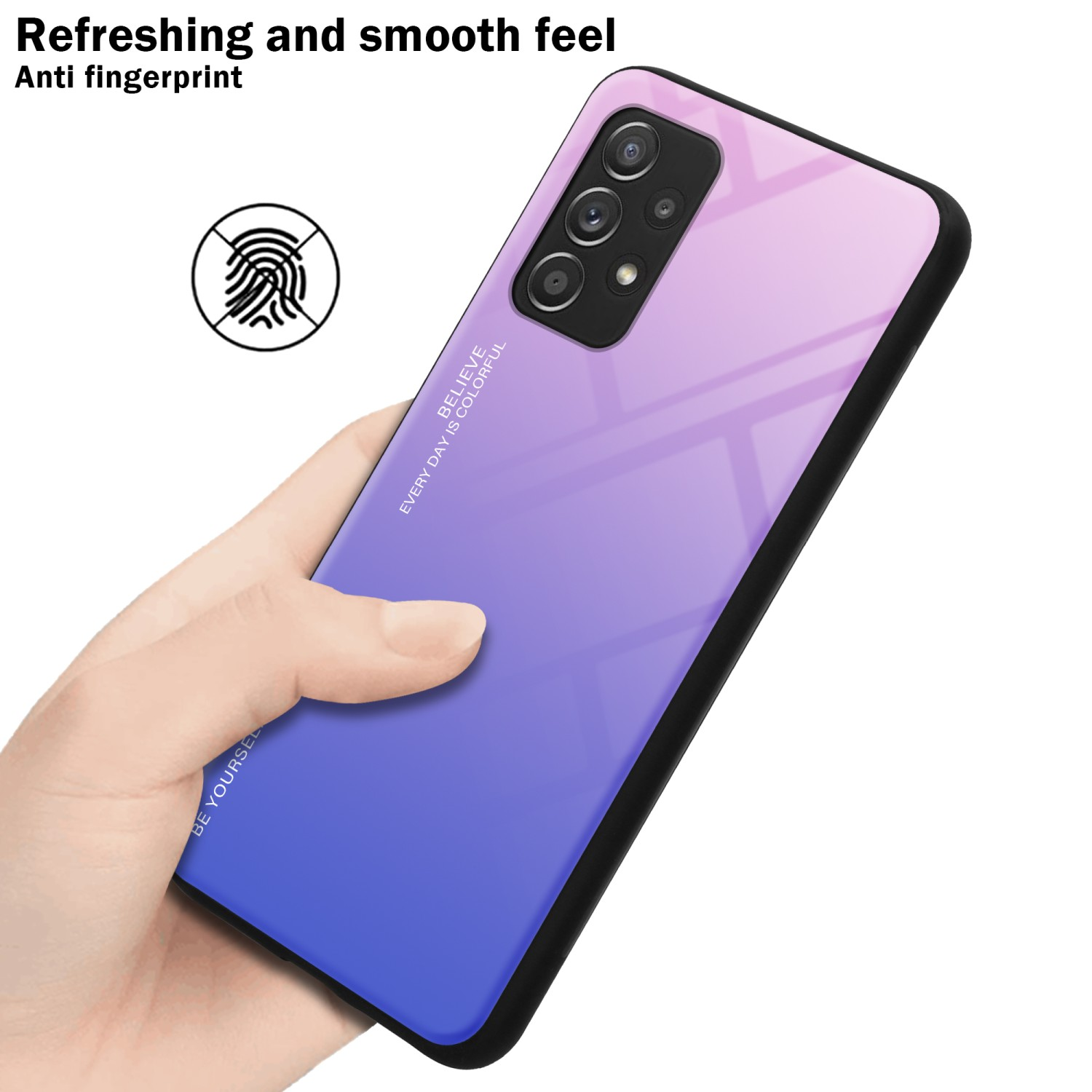 Mano che tiene una custodia per telefono con sfumatura viola, cornice nera. Testo: anti-impronte, sensazione rinfrescante e liscia.