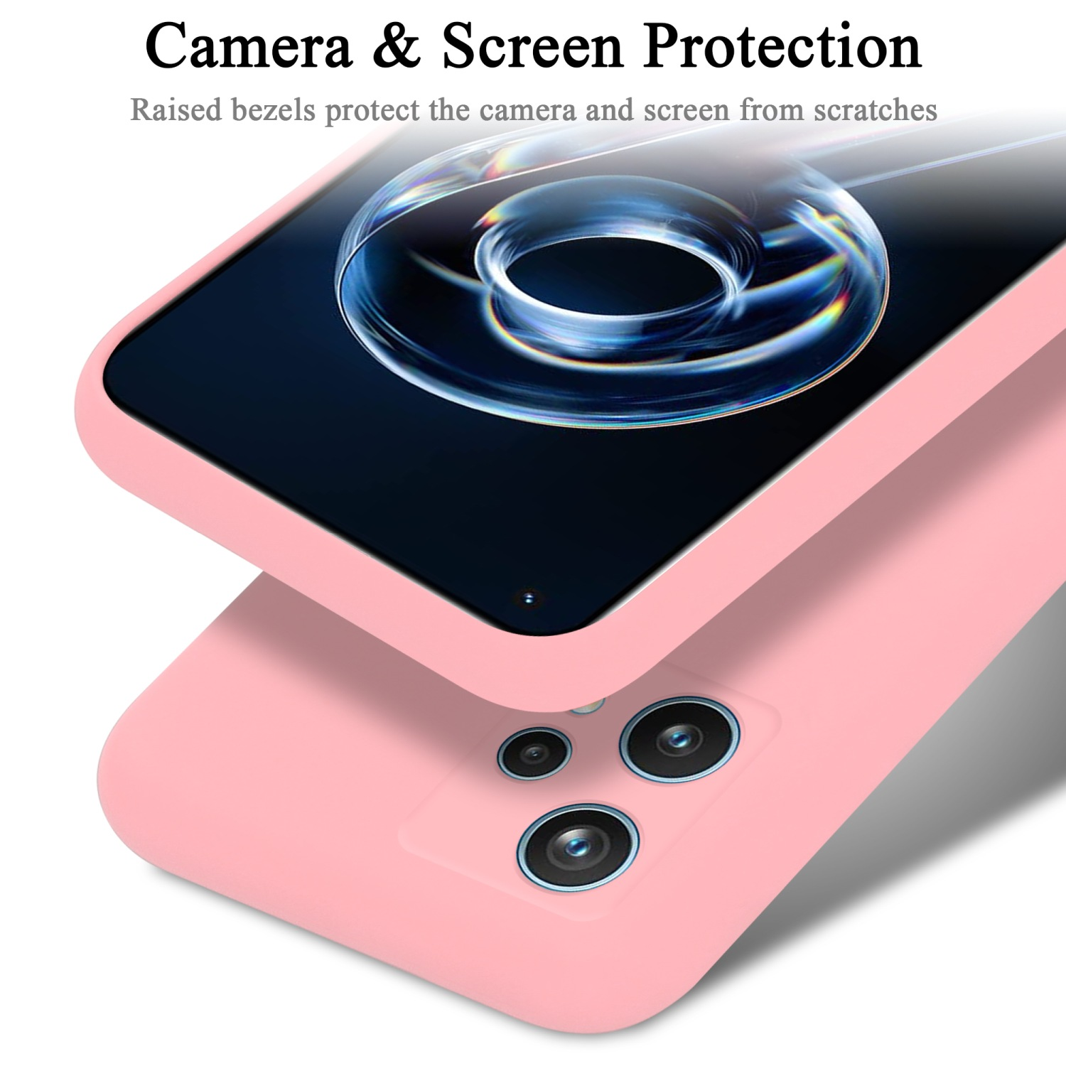 Due custodie rosa per telefono, una sopra l'altra, protezione fotocamera e schermo.