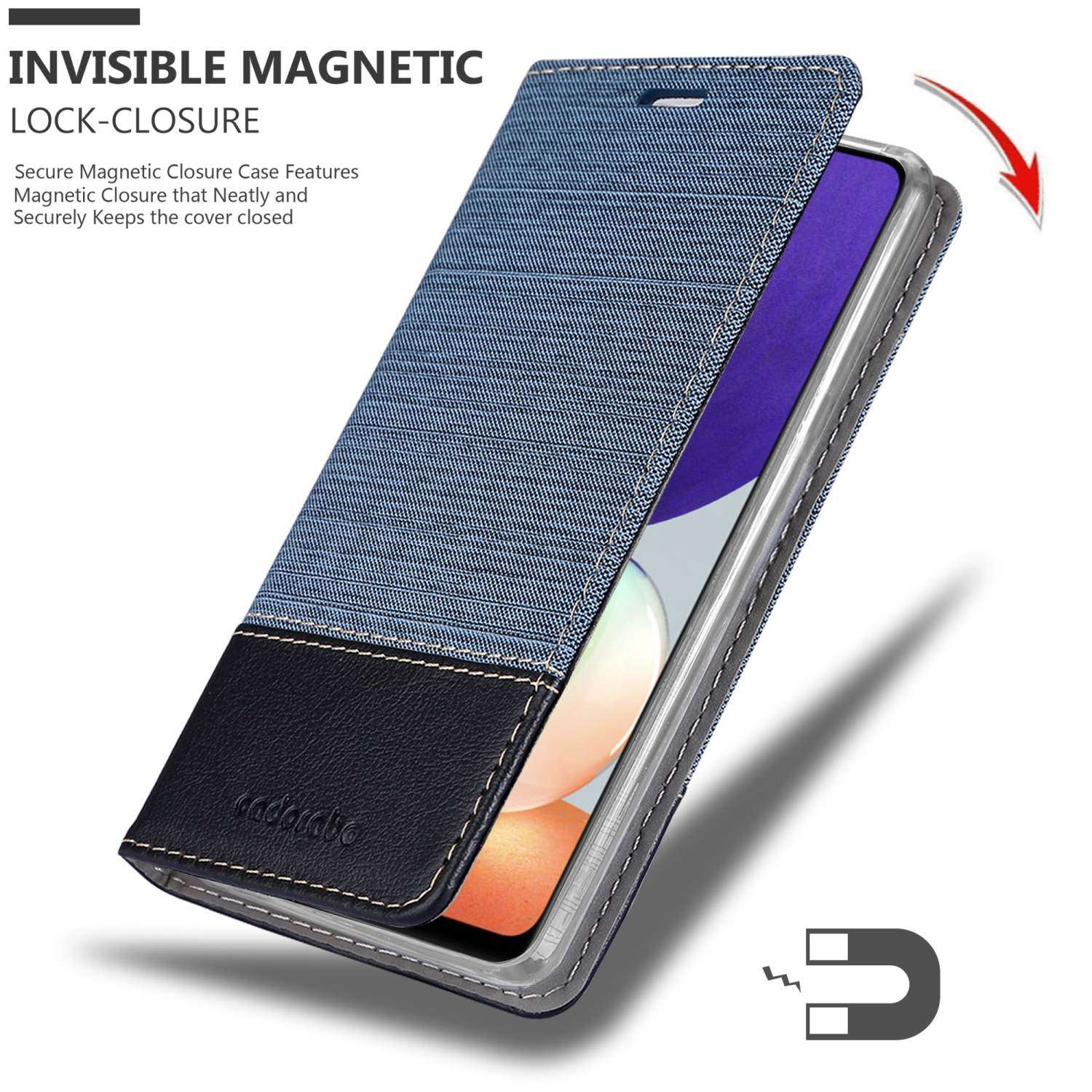 Blaue Jeans-Handyhülle mit schwarzem Boden. Das Telefon ist innen und die Hülle ist offen.