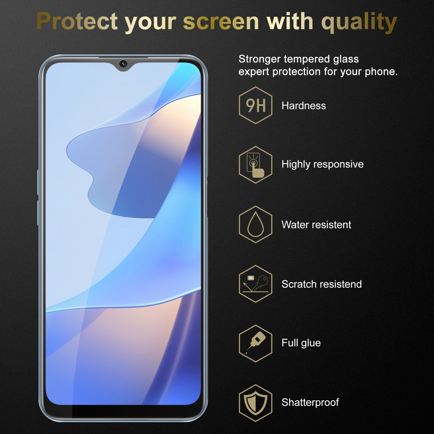 Un telefono con protezione schermo. Testo: Proteggi il tuo schermo con qualità. Icone per durezza, resistenza all'acqua, ecc.