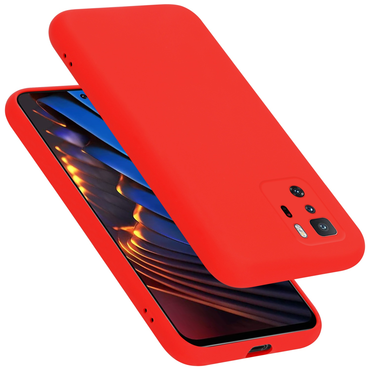 Rote Handyhülle und Telefon. Telefon ist sichtbar. Hülle liegt oben.