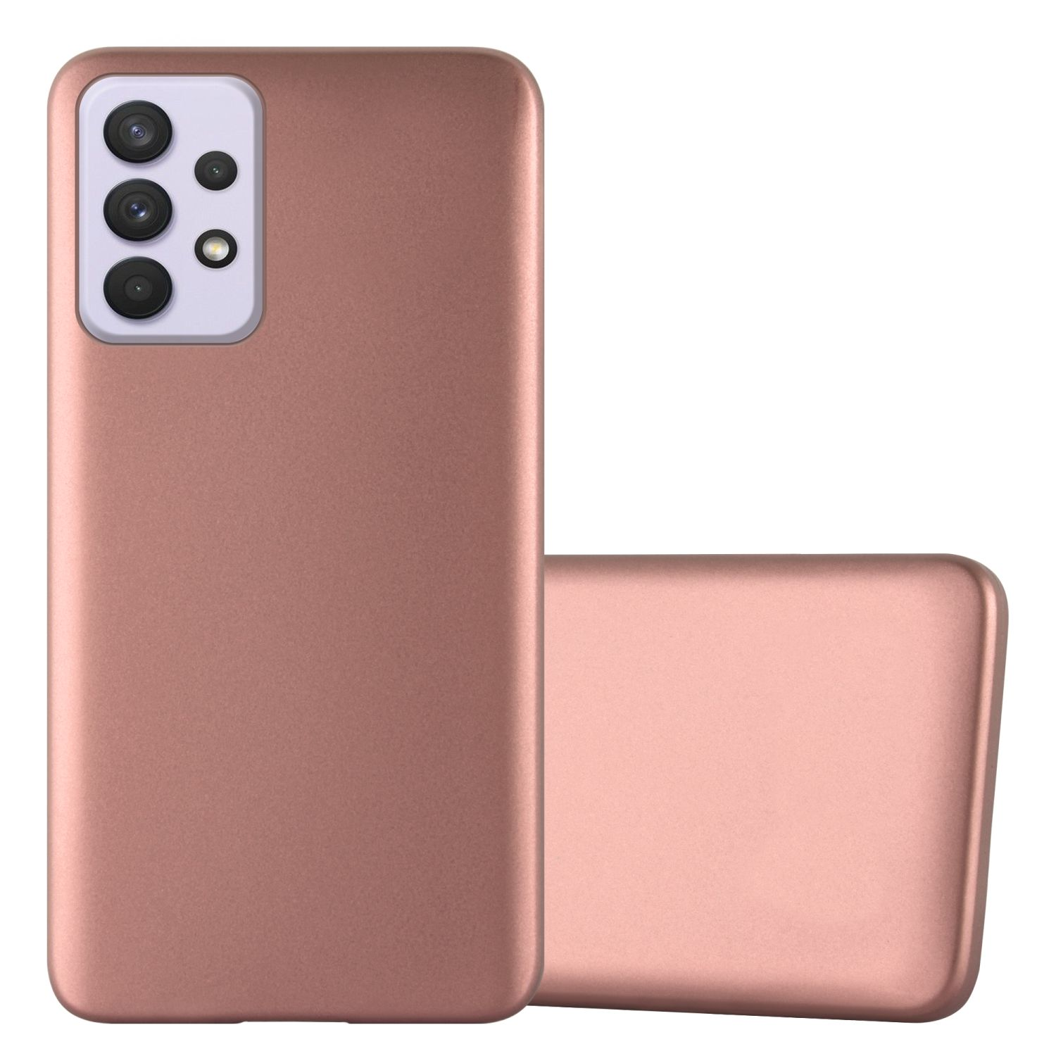 Roségoldfarbene Handyhülle, zwei Hüllen, eine geöffnet, zeigt ein Handy. Weißer Hintergrund.